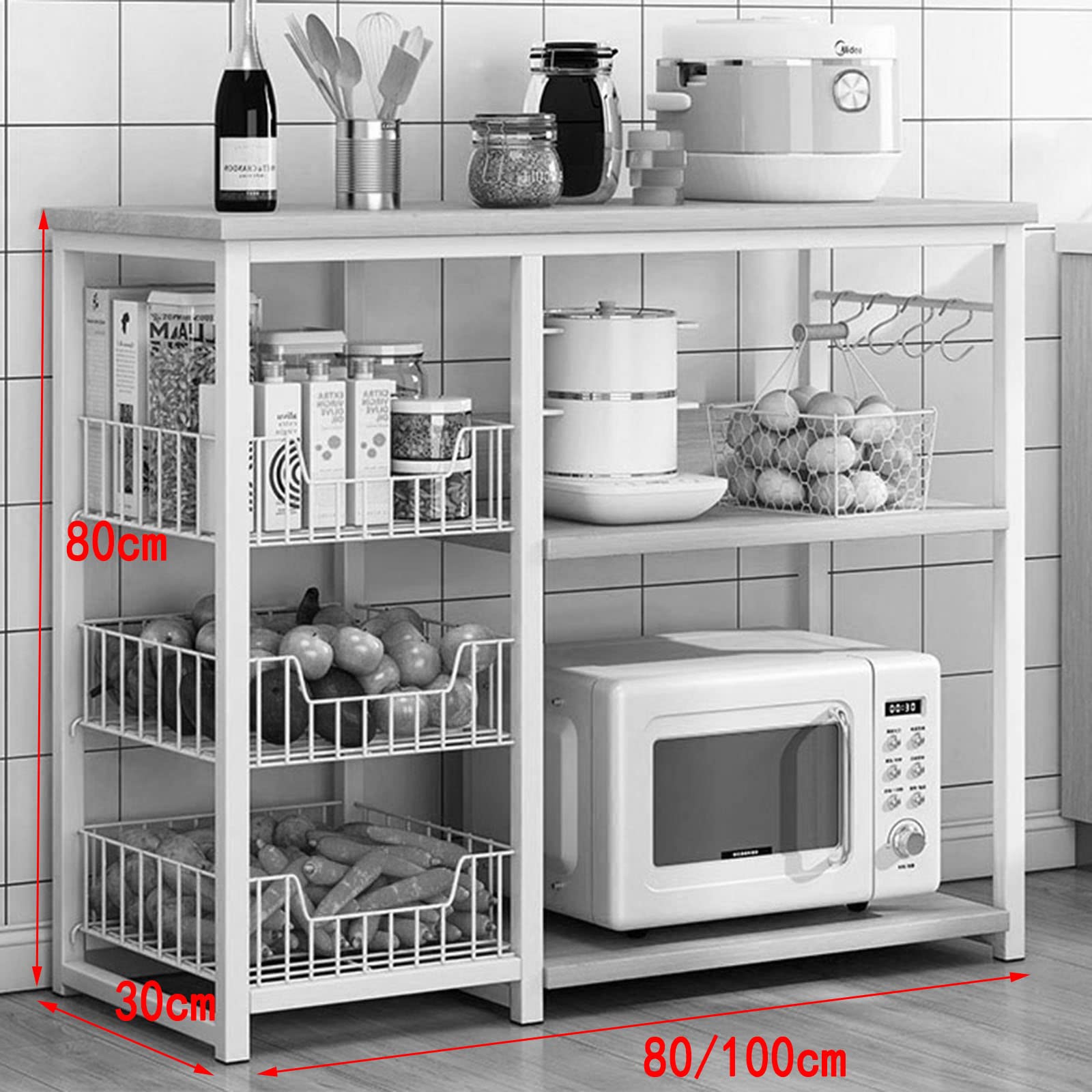 Organizer kuchenny z drewnianym stołem, metalowy stojak do kuchenki mikrofalowej, do przechowywania, regał na piekarnik, wyspa kuchenna z półkami, A80 cm