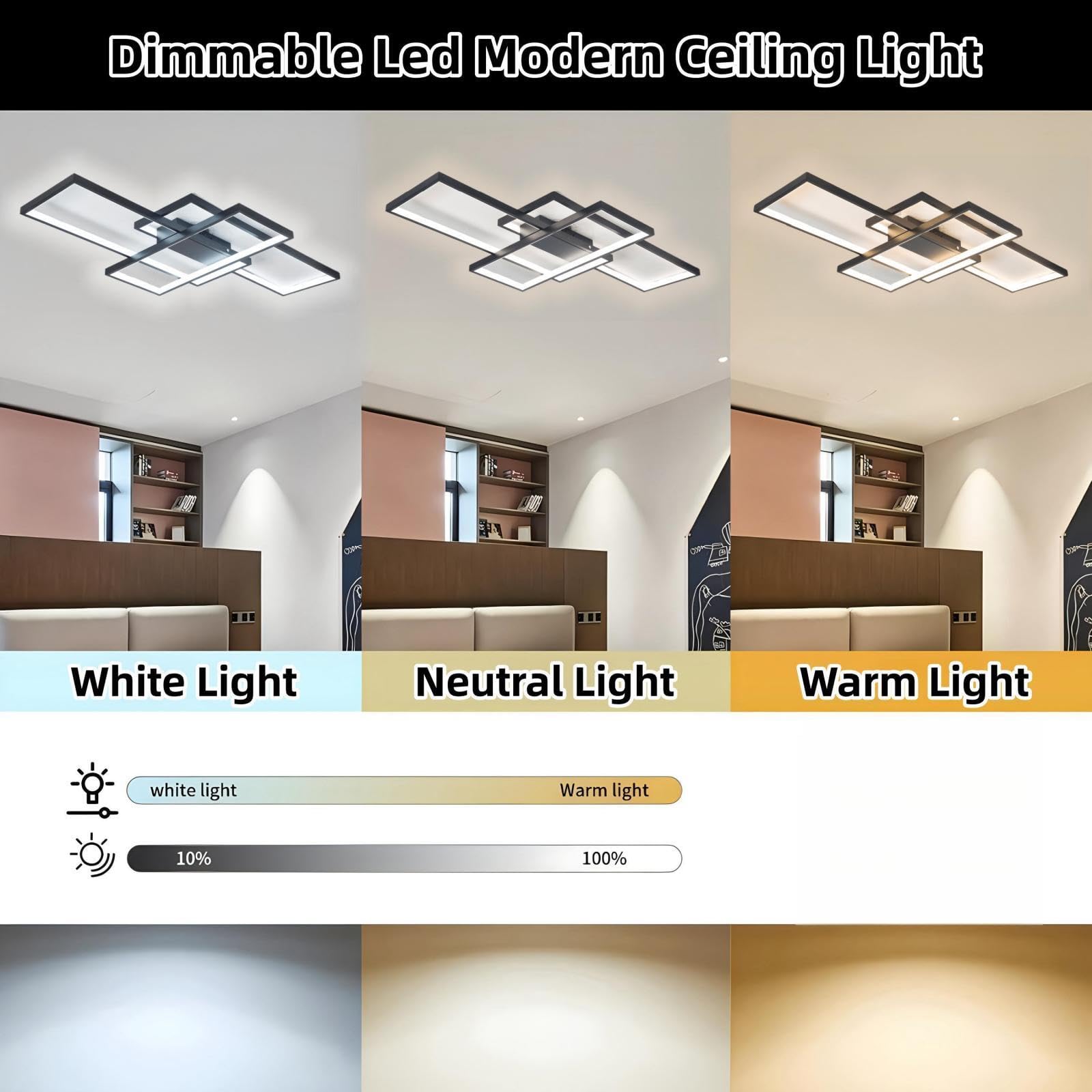 LED Lámpara De Techo De Salón Luz De Techo De Comedor Moderno Regulable Control Remoto Dormitorio Decoración Araña De Techo Cocina Creativa Estudio Balcón Pasillo Corredor Luces,Negro,80x45x6.5cm
