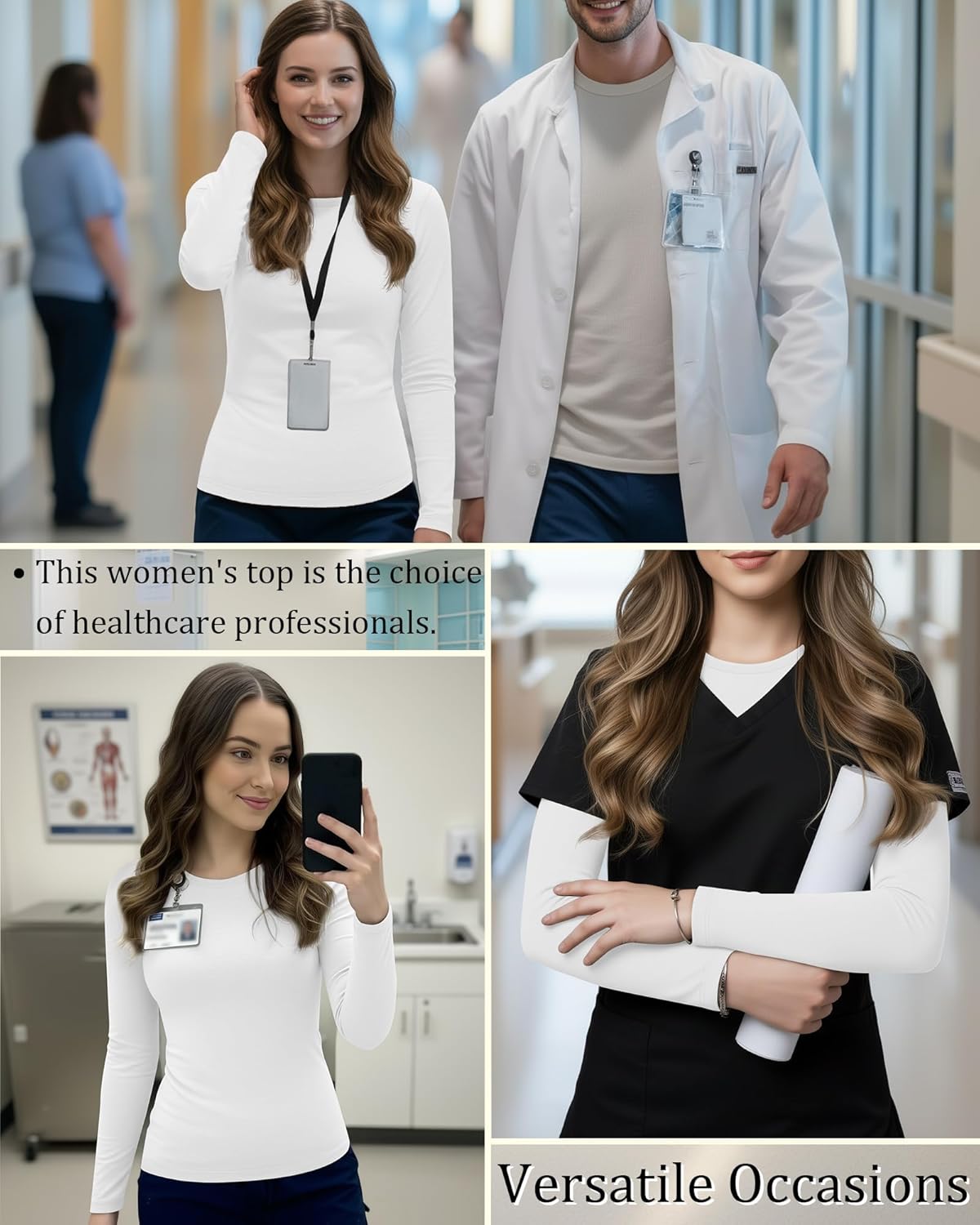 Locoowai 3 Pack Women's Underscrub Shirts Long Sleeve Thermal Scrub Undershirts Nurse Crew Neck Slim Fit Fleece Top Basic Tee