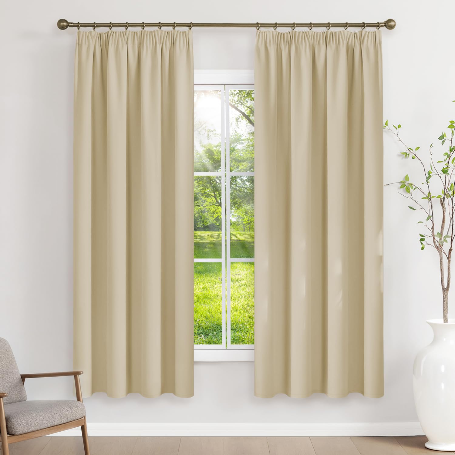 Runyéla Pencil Pleat Blackout Curtains for Bedroom Thermal Curtain 52 x 63 Inch Drop Living Room Kitchen 2 Panels Beige