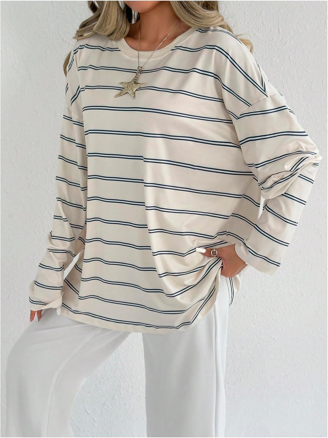SOLY HUX Women's Striped Oversized T Shirts Crew Neck Long Sleeve Vintage Tees Dressy Casual Tops - Image 3