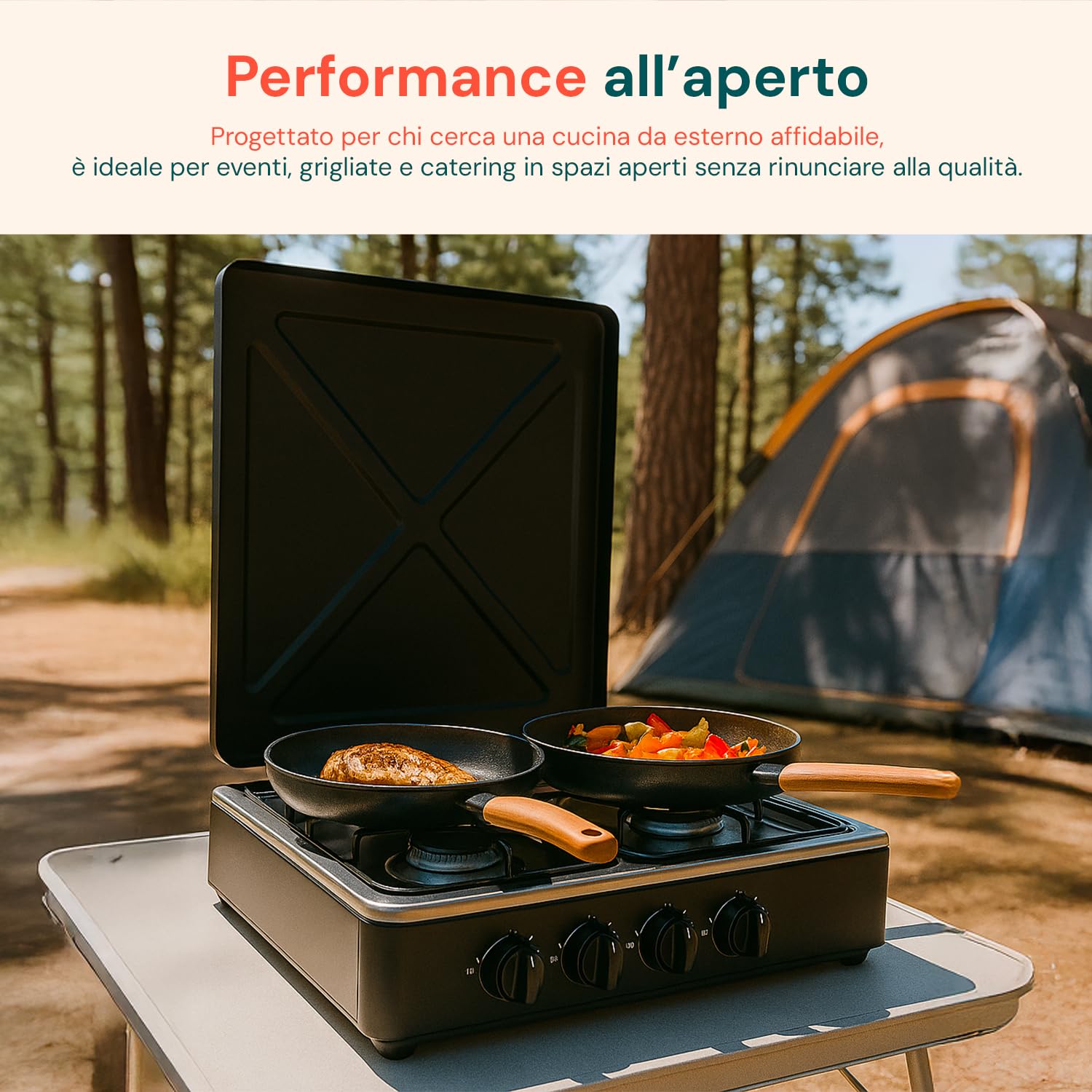 Avilia - Piano Cottura 4 Fuochi Gas Professionale con Griglia Rinforzata in Acciaio per Uso Interno ed Esterno, Facile da Usare, Ideale per Campeggio e Cucina Outdoor