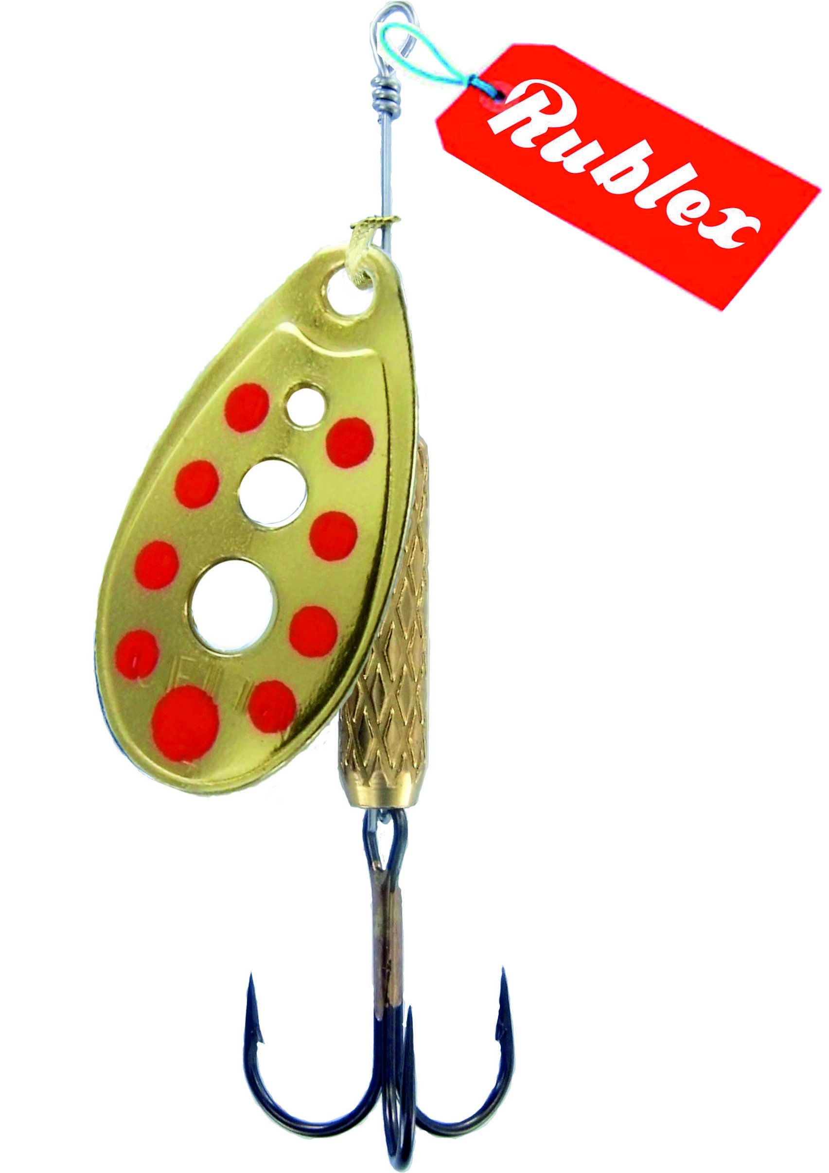 Pack de 5 Cucharillas de Pesca C-Turbo-5 OPR | Cebo Artificial de Pesca con Sistema de Clip y Acción de Giro Mejorado, Oro Puntos Rojos, 9gr