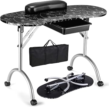 GIANTEX Foldable Nail Table with Drawer, Portable Manicure Table, Black