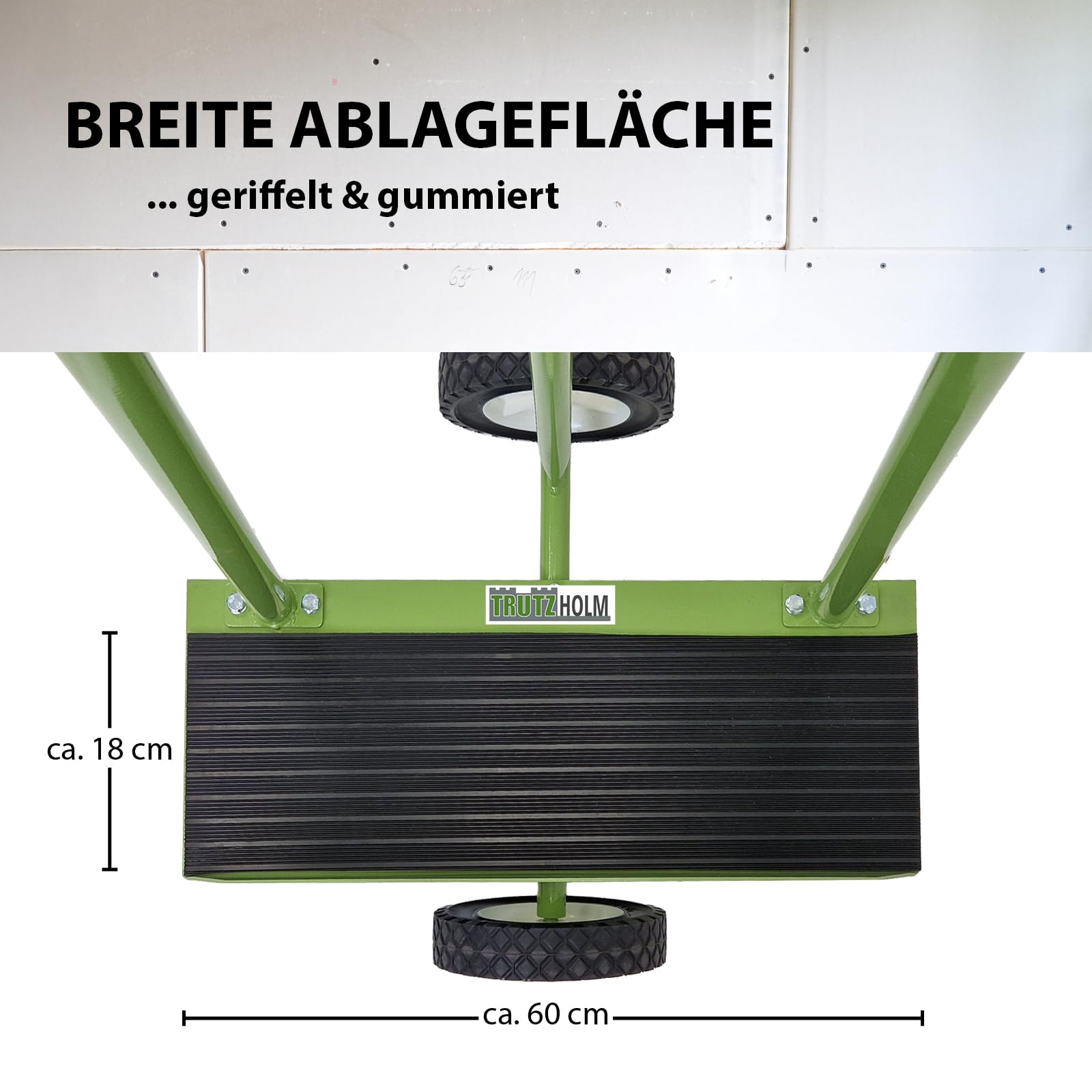 TRUTZHOLM Plattenwagen Stahl pulverbesichtet rostfrei Tragkraft 300 kg Aufstellbreite 18 cm Aufstellhöhe 128 cm pannensichere Vollgummiräder Plattentransportwagen Transportwagen Plattenkarren in Grün