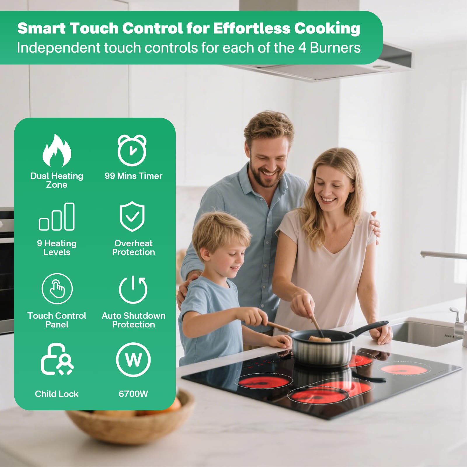 4-Zone Electric Ceramic Hob 6700W, Built-In Touch Control Cooktop, Universal Cookware Compatibility, Black Glass, Timer, Child Lock,Touch Control Electric Ceramic Cooktop — view 2
