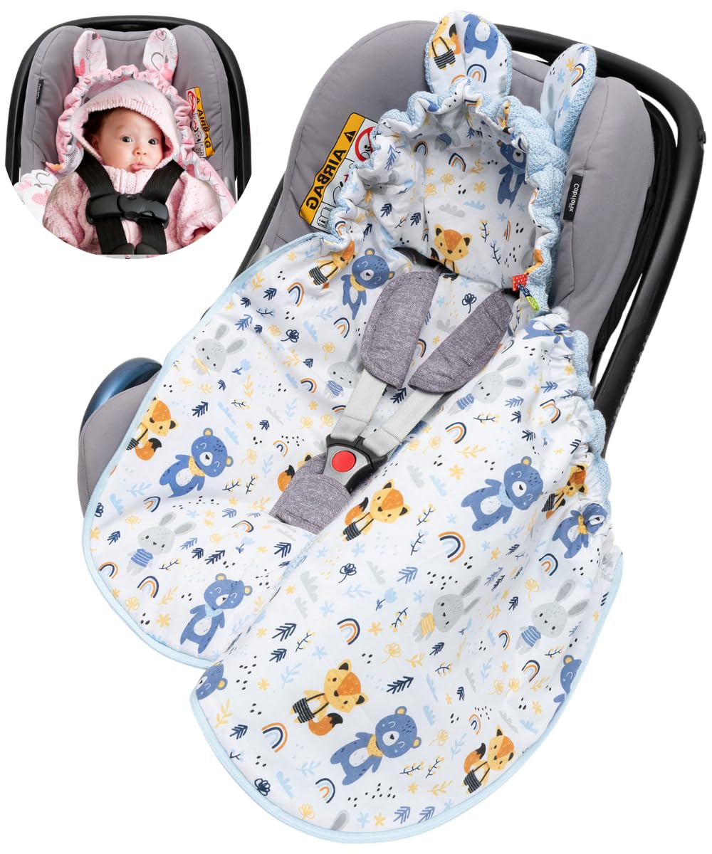 Mikos Einschlagdecke Babyschale Herbst Winter, Baby Fußsack mit Zip 100% Baumwolle GOTS Zert. Universal für Kinderwagen Buggys Maxi Cosi 3 Punkt Gurt Blau