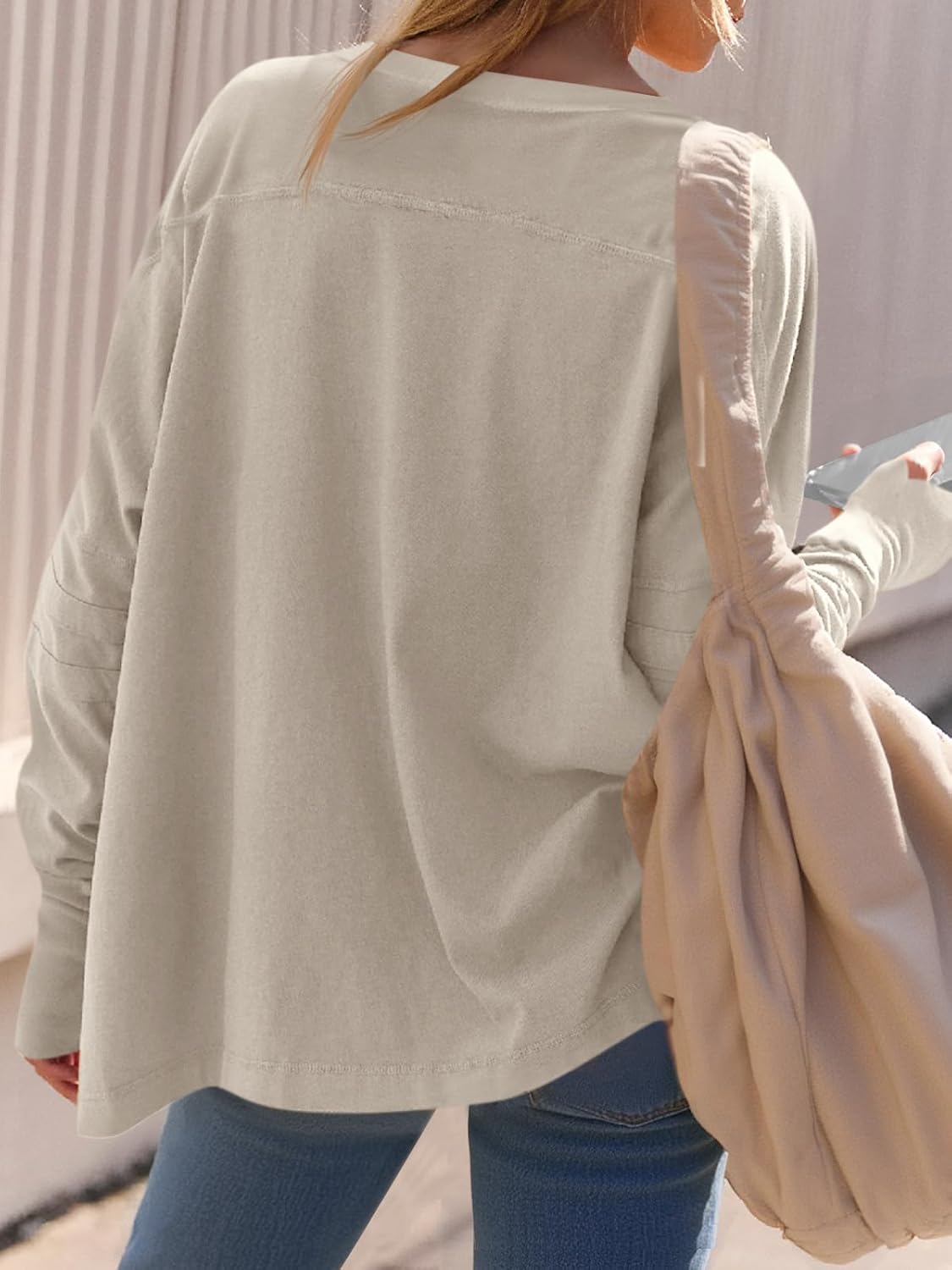 Tankaneo Womens Oversized Long Sleeve Shirts V Neck Tshirts Casual Loose Fit Tunic Tops for Leggings with Thumb Holes - Image 2