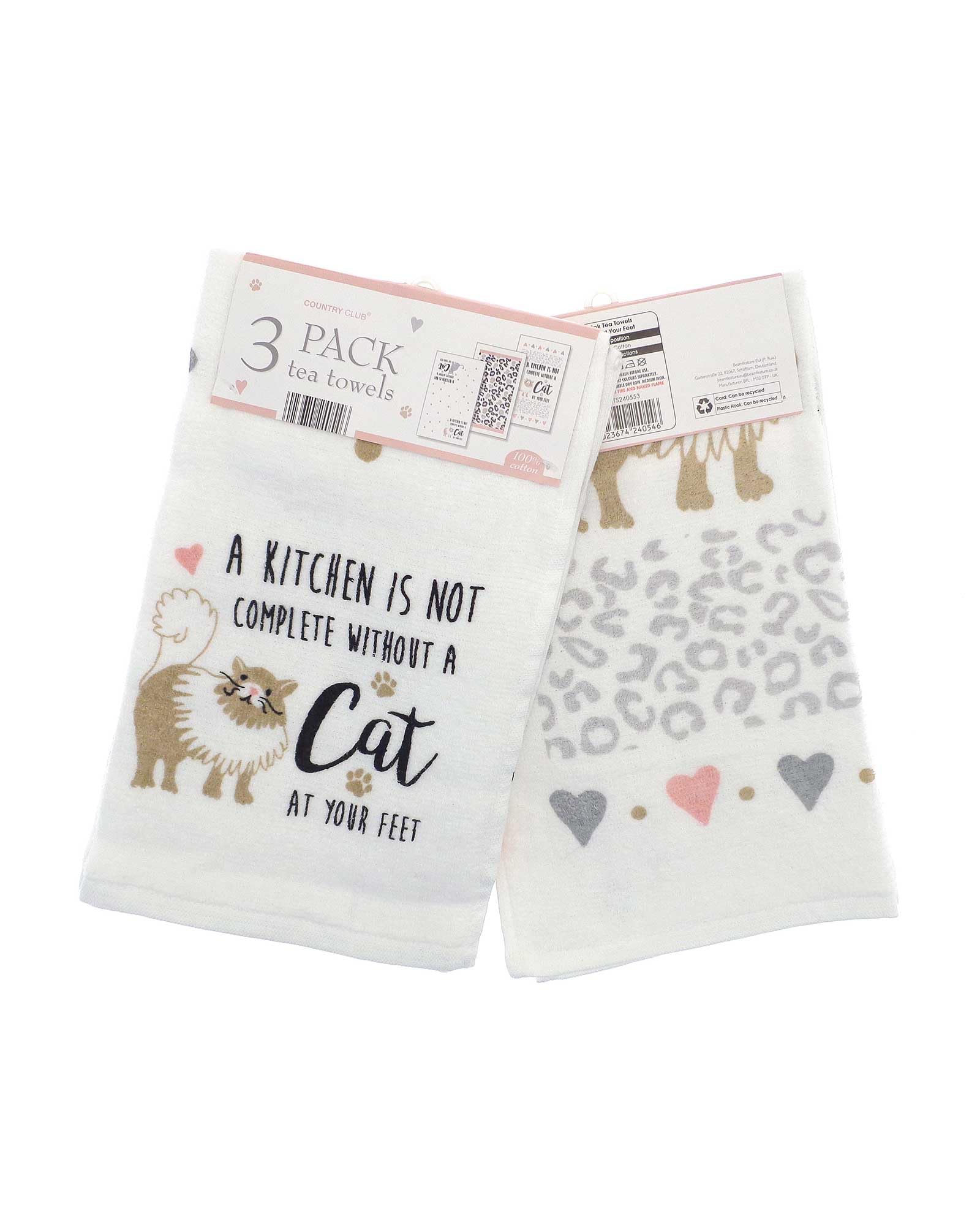 COUNTRY CLUB 100% Cotton Pack of 3 Cat at your Feet Design Velour Kitchen Tea Towels