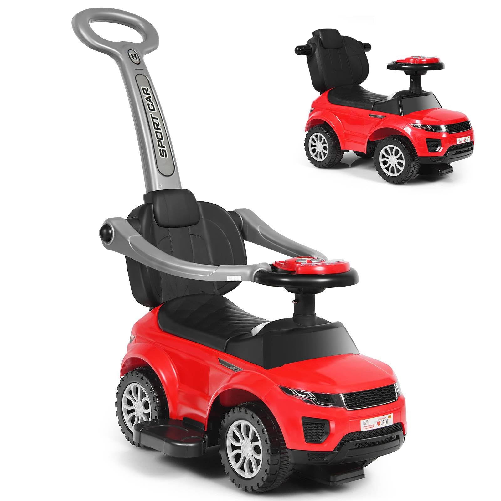 Maxmass 3-in-1 Kids Ride on Push Car, Toddler Foot to Floor Sliding Car with Removable Handlebar, Guardrail & Footrest, Music, Horn, Underneath Storage, Baby Slider Walker for Boys Girls (Red)