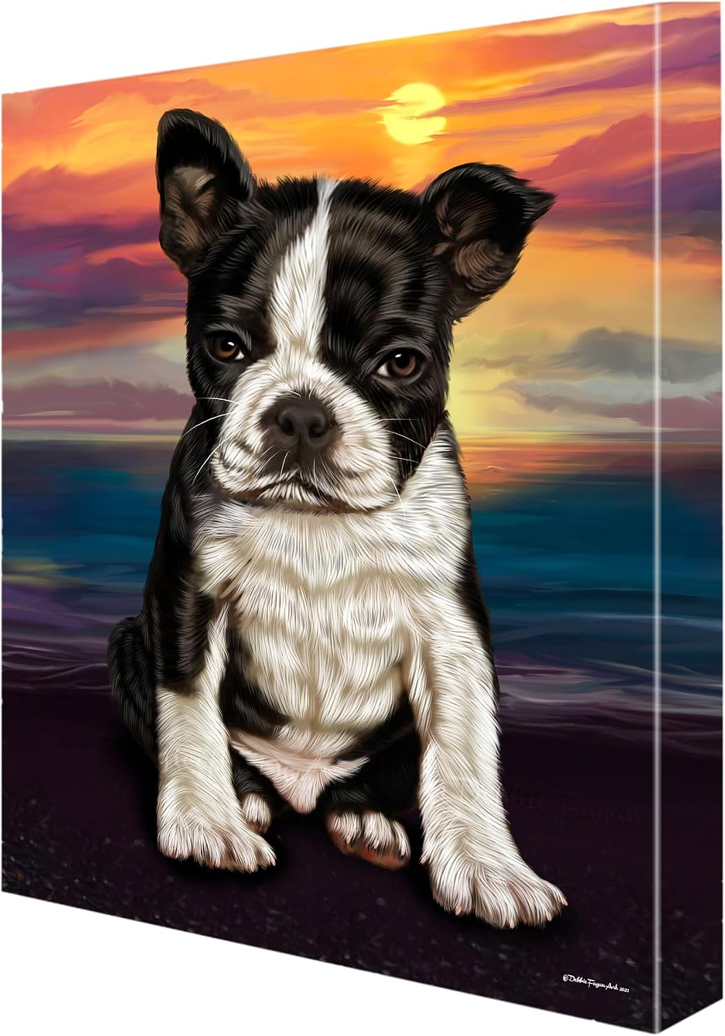 Sunset with Boston Terrier Dogs Canvas Wall Art - Premium Quality Ready to Hang Room Decor - White Floating Framed 24" x 24"