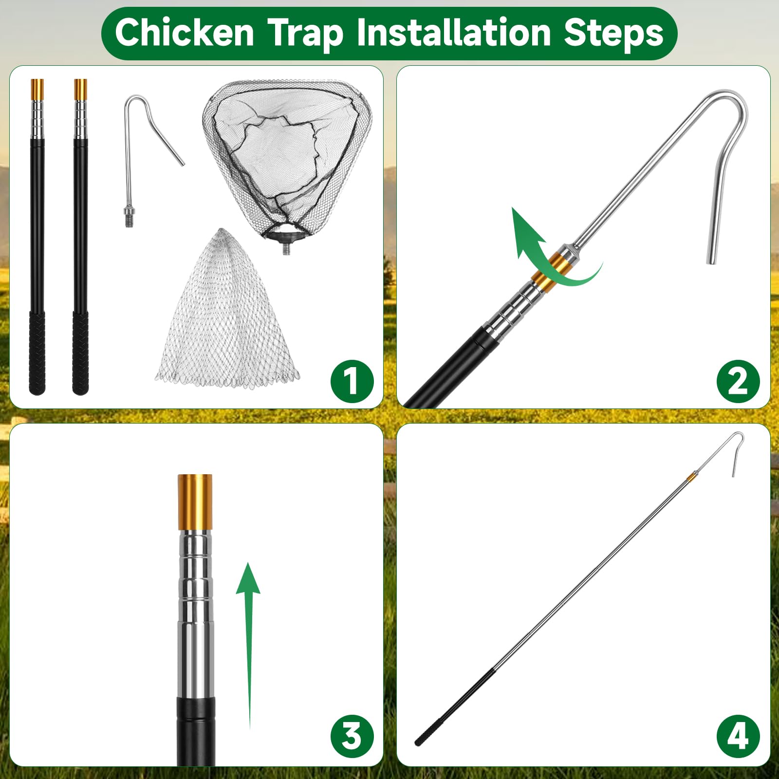 Kit De Capture Pour Volailles Et Petits Animaux - Filet Extensible Avec Tiges En Acier (3 Pièces)