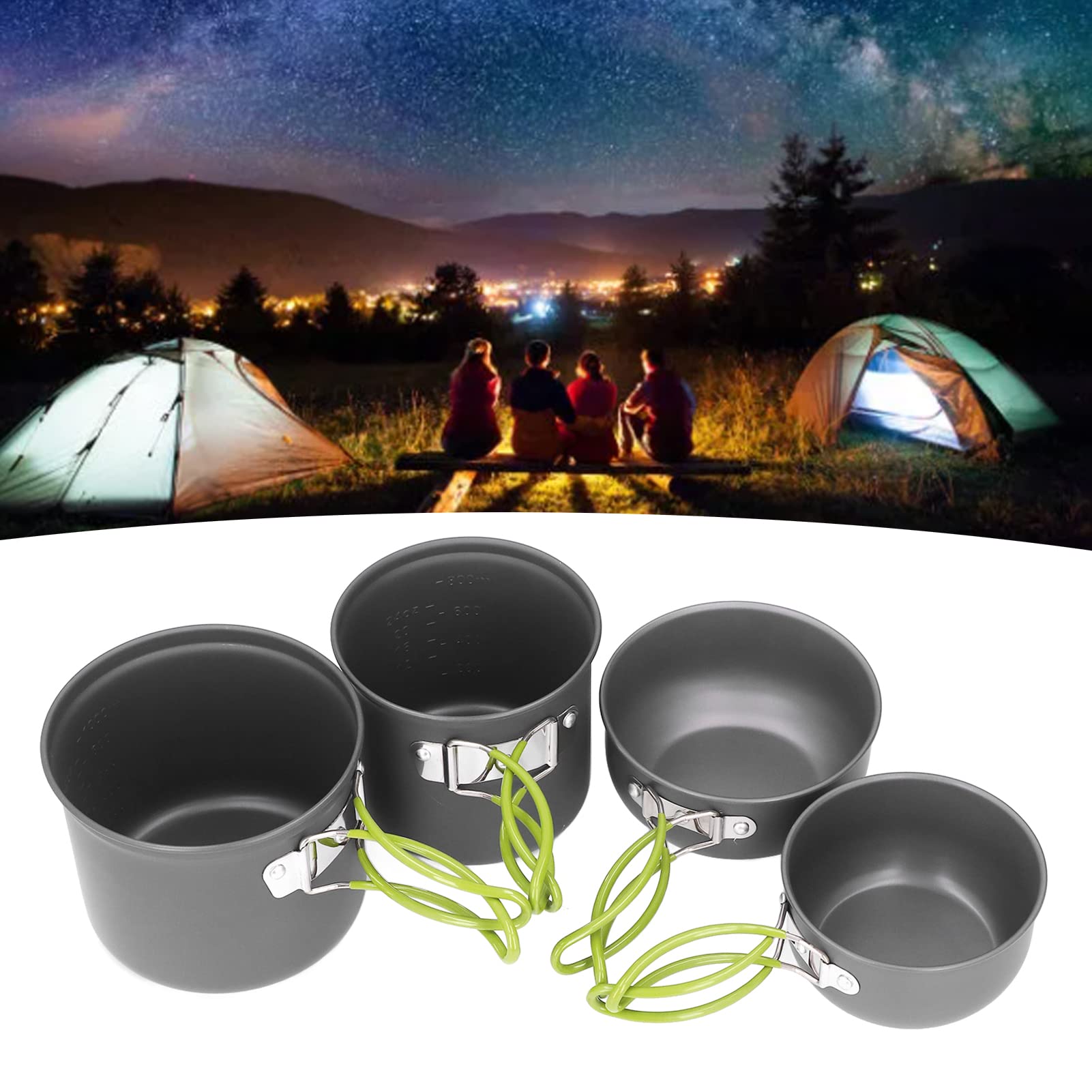 KANASI Kit da campeggio, set di pentole in lega di alluminio da 4 pezzi con manico pieghevole e design antiscottatura per escursioni e avventure all'aria aperta.