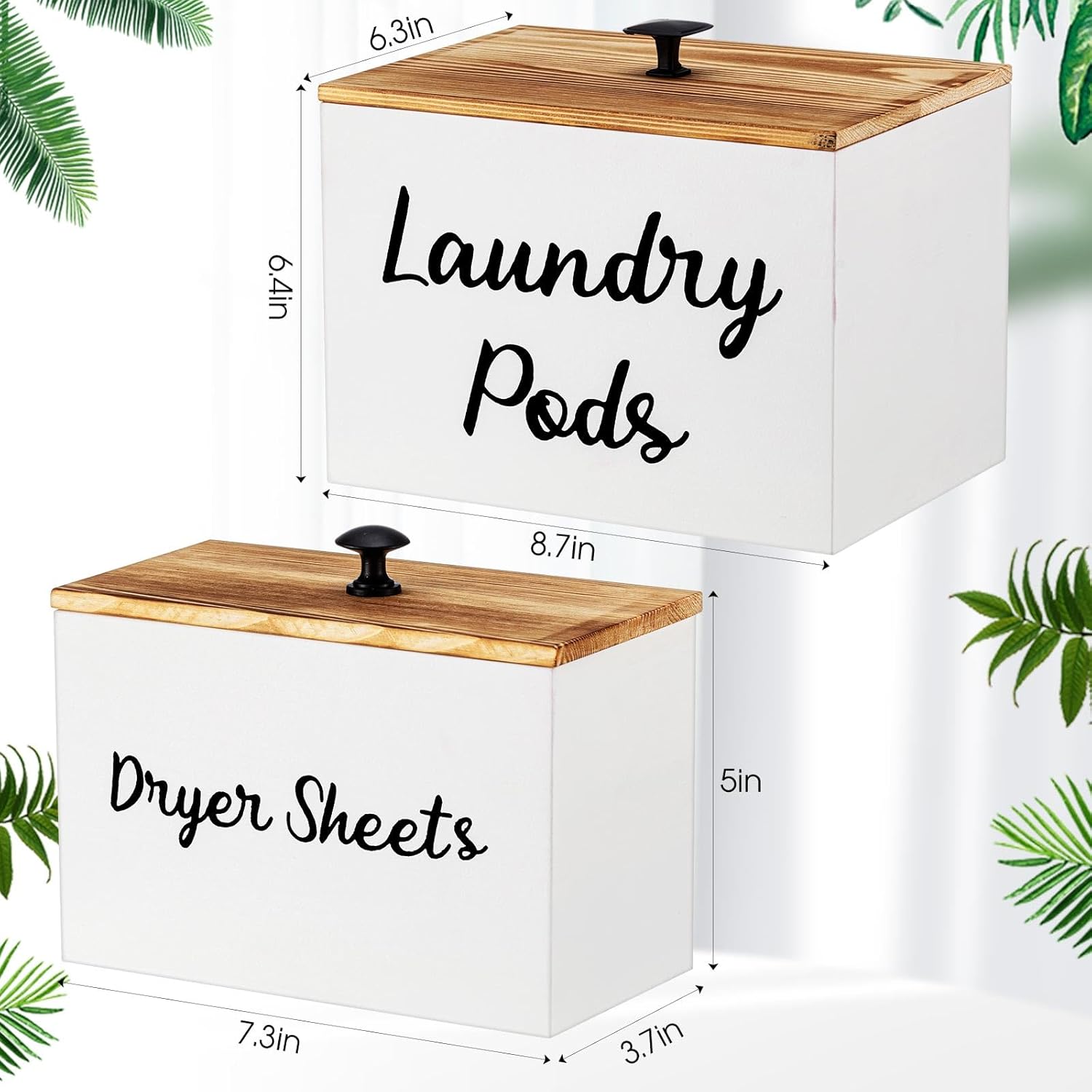 Dandat 2 Pcs Wood Rustic Laundry Dryer Sheet Holder Pod Container with Lid 8.7 x 6.3 x 6.4 Inch Laundry Pod Holder 7.3 x 3.7 x 5 Inch Dryer Sheet Dispenser Wooden Box Container(White)