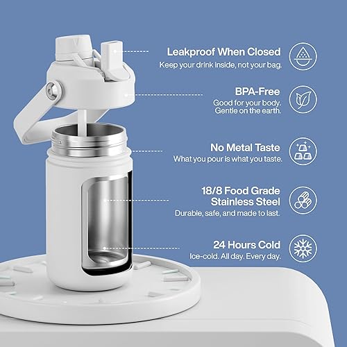 Miniatura 854 de ENCOOL Botella de agua aislada con popote, de acero inoxidable, a prueba de fugas, sin BPA, al vacío de doble pared que se mantiene fría durante 24