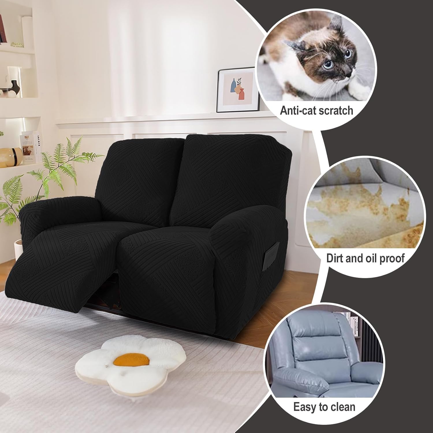 NORTHERN BROTHERS Loveseat Recliner Covers 2 Seater, Stretch Reclining Loveseat Cover, Machine Washable Recliner Loveseat Covers, Furniture Protector Double Recliner Cover for Dog Kid, Black