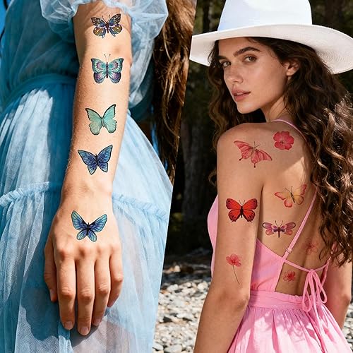 Miniatura 4 de 100 tatuajes temporales de mariposa, coloridas flores de mariposa pequeñas, calcomanías de tatuaje, impermeables, lindos tatuajes pequeños para