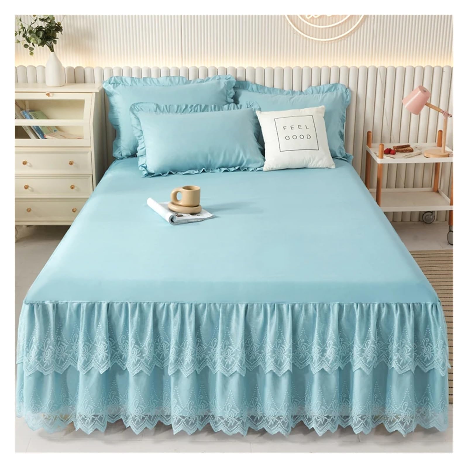 Lace Bed Skirt Solid Color Wrap Around Ruffle Bedskirt - Easy Fit Elastic Strap - Wrinkle, Machine Wash(2,150x200cm 3pcs)
