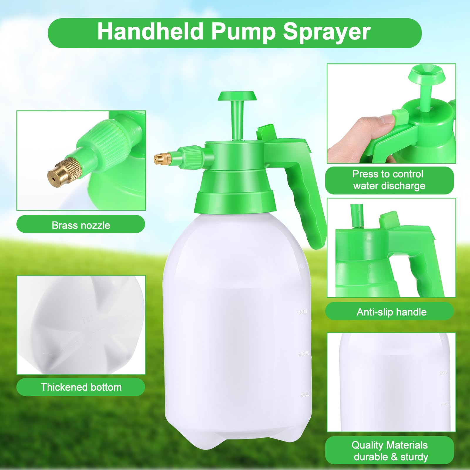 Nuogo 3 pulverizadores de bomba de mano de 0.5 galones, pulverizador manual de jardín de 2 litros, pulverizador de presión con boquilla de latón ajustable para plantas de césped, malas hierbas, riego