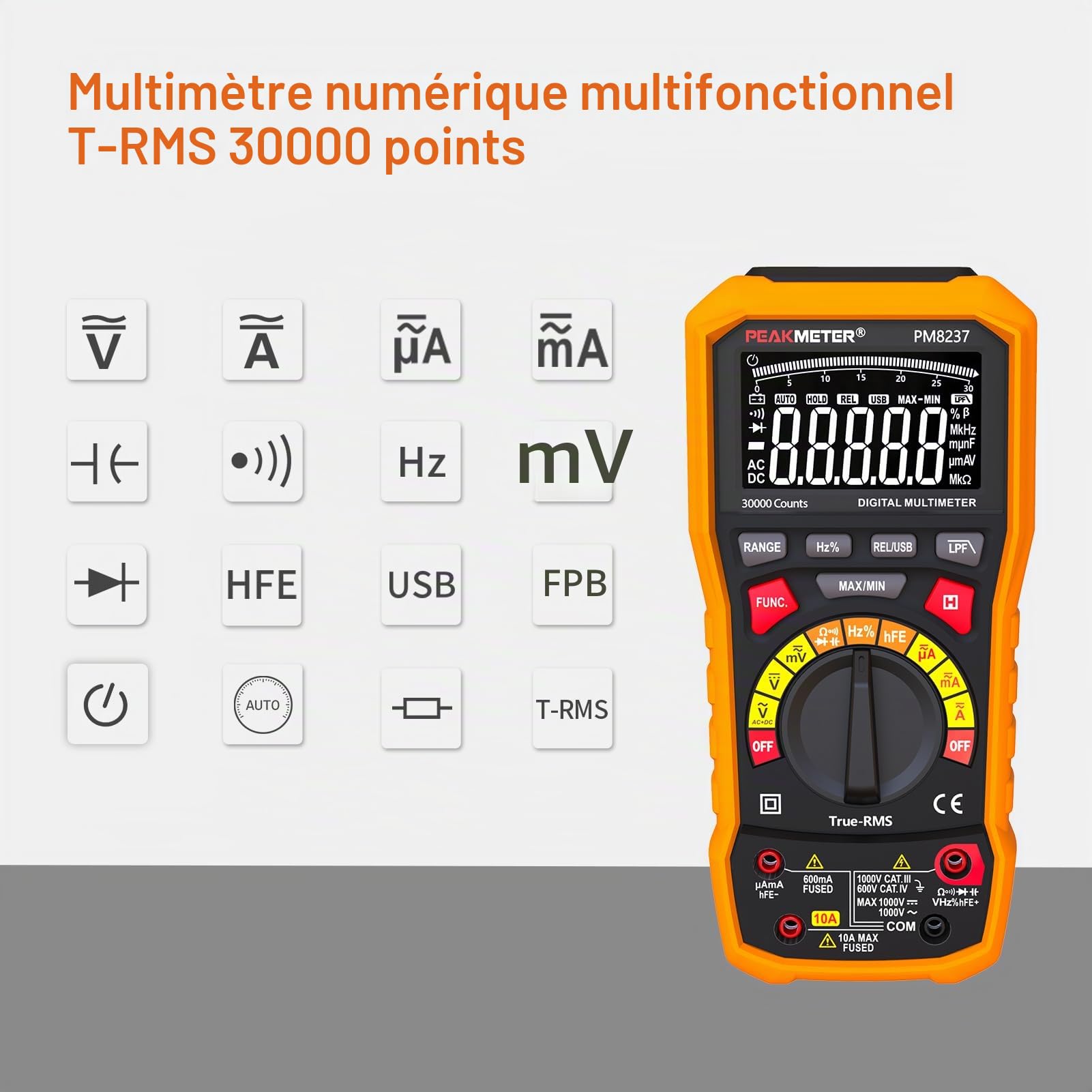 Multimètre numérique avec enregistrement de données USB 30000 count