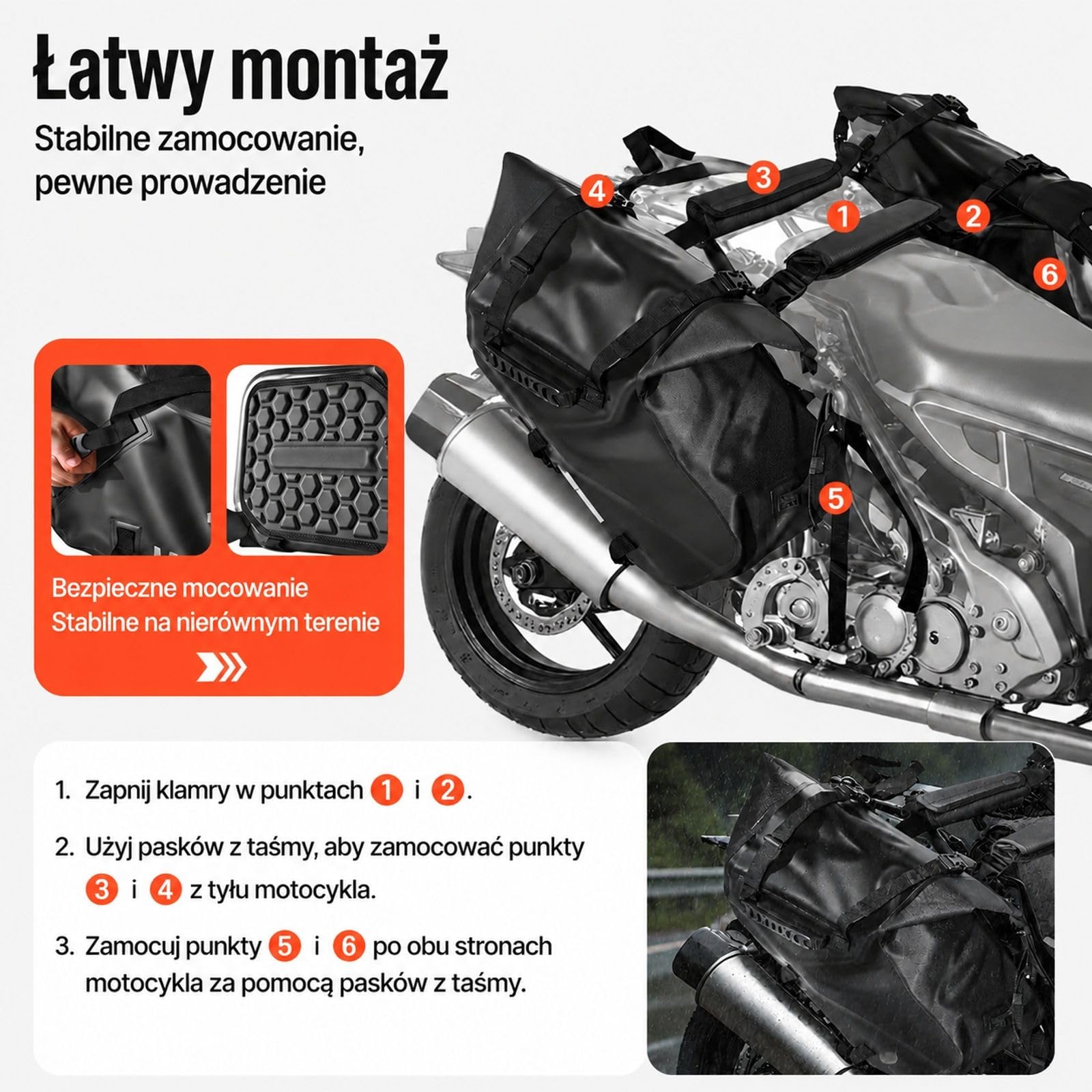 Zestaw 2 czarnych sakw motocyklowych po 14 l, 28 l łącznie, z PVC z matową siatką, dolnymi paskami montażowymi i miejscem na bagaż