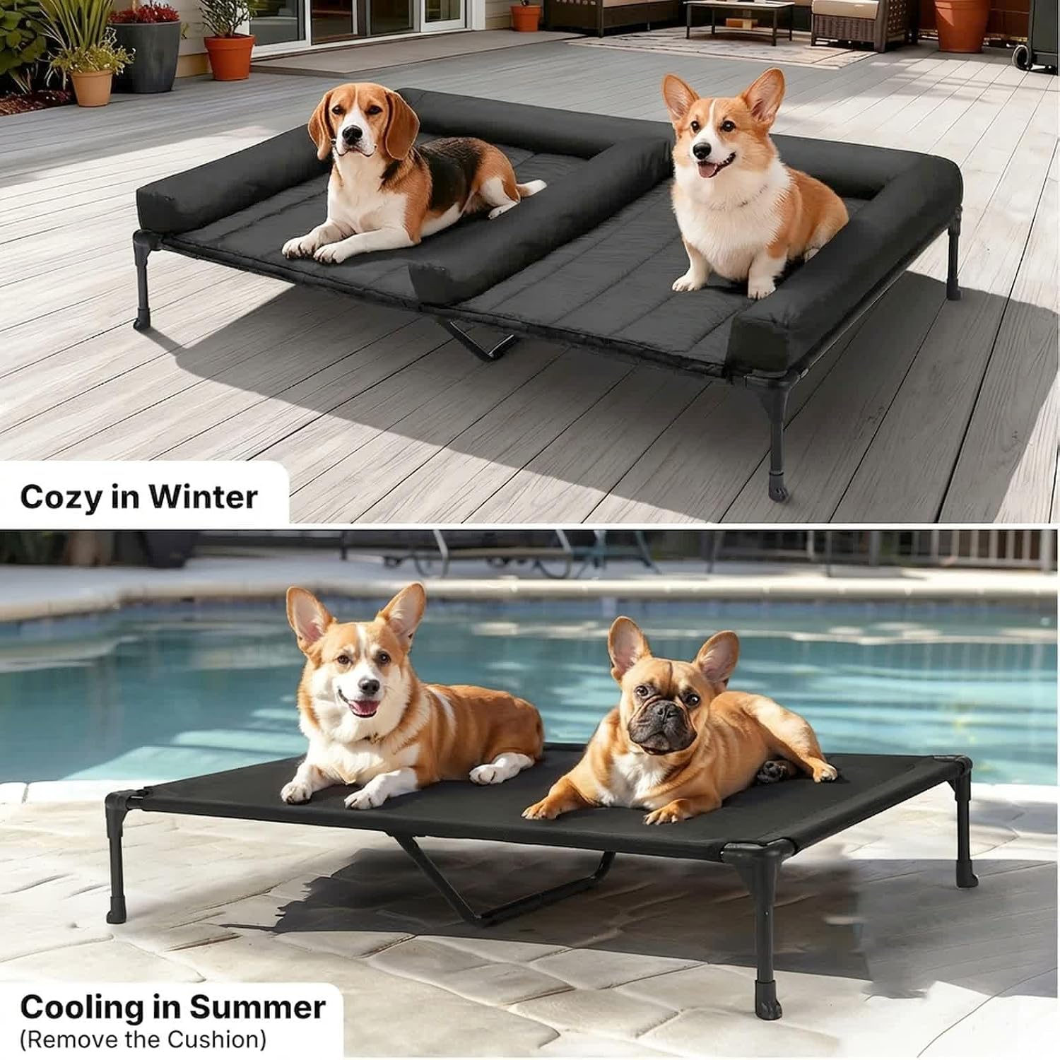 Veehoo Elevated Dog Bed for Two Dogs, Cooling Raised Dog Bed with Removable Waterproof Bolster Mat, 49" x 33" Double Dog Bed, Outdoor & Indoor Pet Cot with Breathable Mesh, Non-Slip Feet, Black