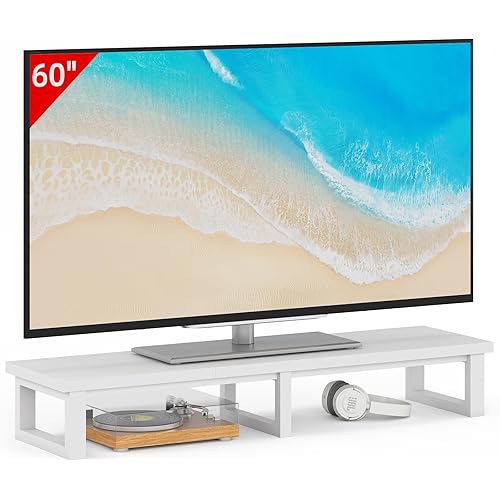 YAOHUOO 45" Large TV Riser for 32-60 inch TV, TV Riser Stand Shelf with Steel Legs, Tabletop TV Stand Riser for Home Office,White