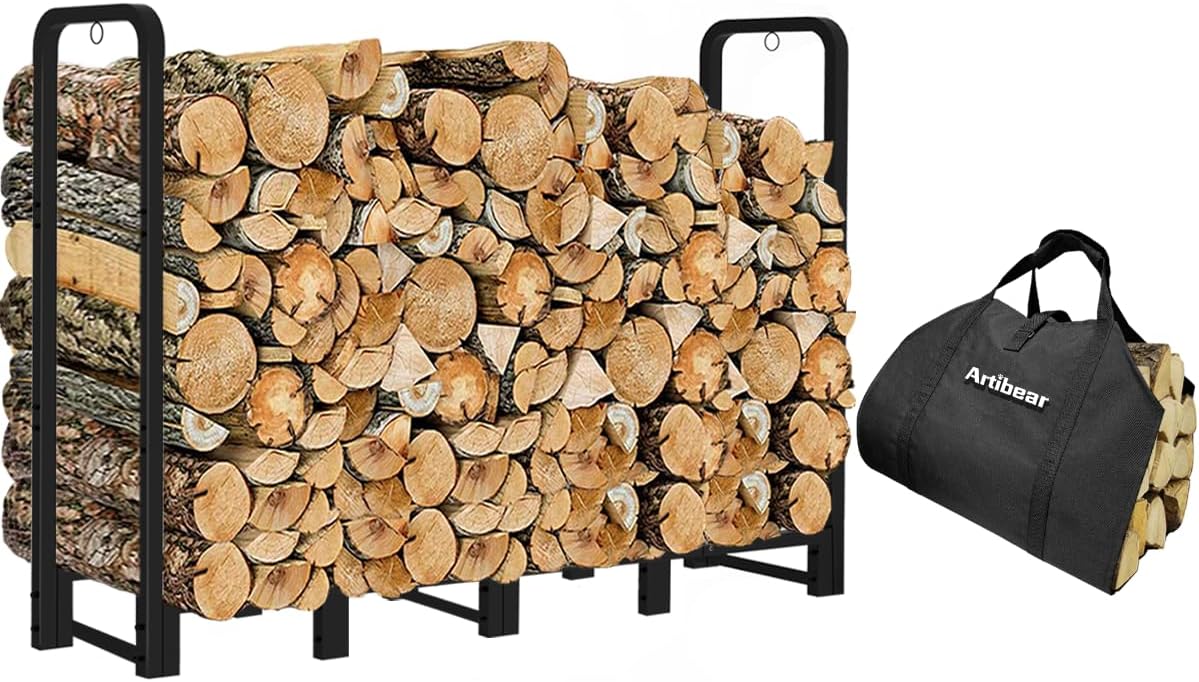 Artibear 6FT Firewood Rack with Log Carrier, Indoor Outdoor Fireplace Metal Wood Pile Storage for Fire Wood