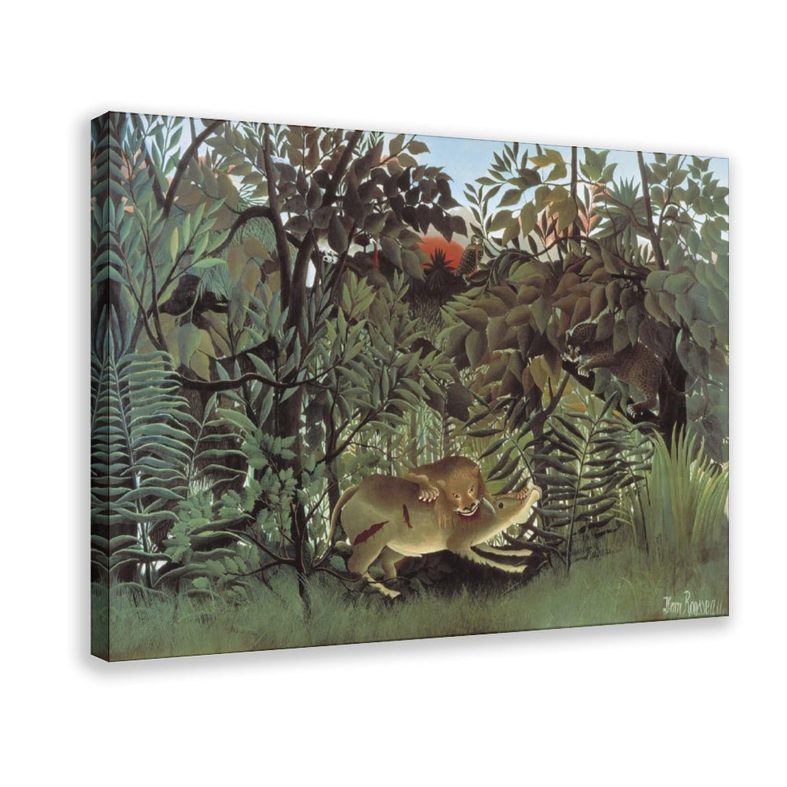 WCYB The Hungry Lion Throws Itself on The Antelope by Henri Rousseau Posters Prints Canvas Deco Paintings Wall Art Frame 12" L X 18" W