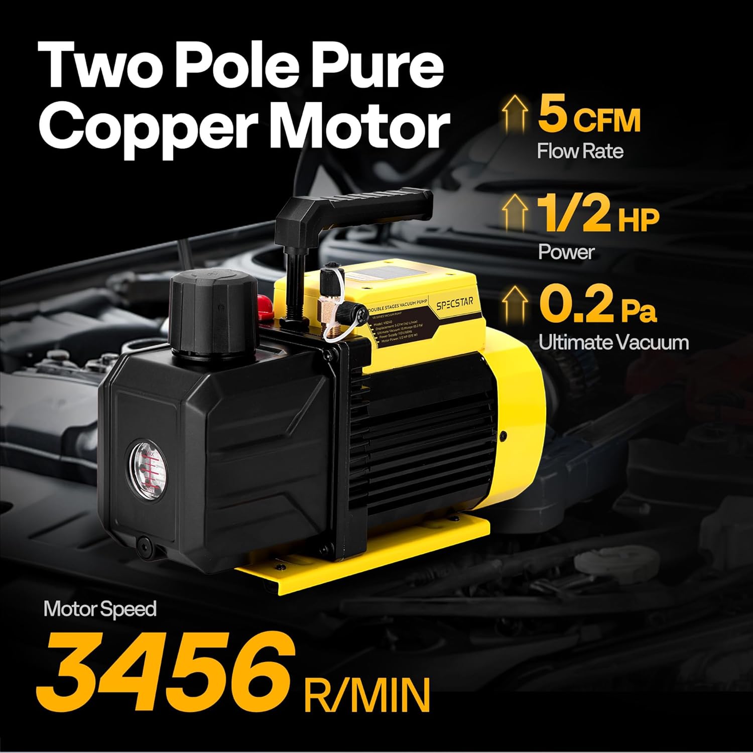 SPECSTAR 5 CFM Vacuum Pump with performance specifications including 1/2 HP power and 0.2 Pa ultimate vacuum