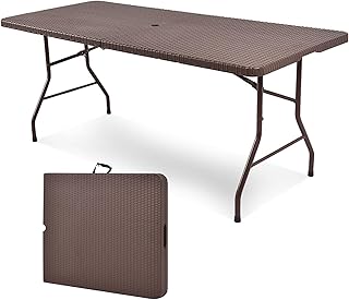 SPOTRAVEL 5FT/6FT Folding Camping Table, Portable Picnic Table with Carrying Handle, Fold-In-Half Outdoor Dining Trestle Garden Desk for Party BBQ (6FT, 150KG Capacity, Brown)