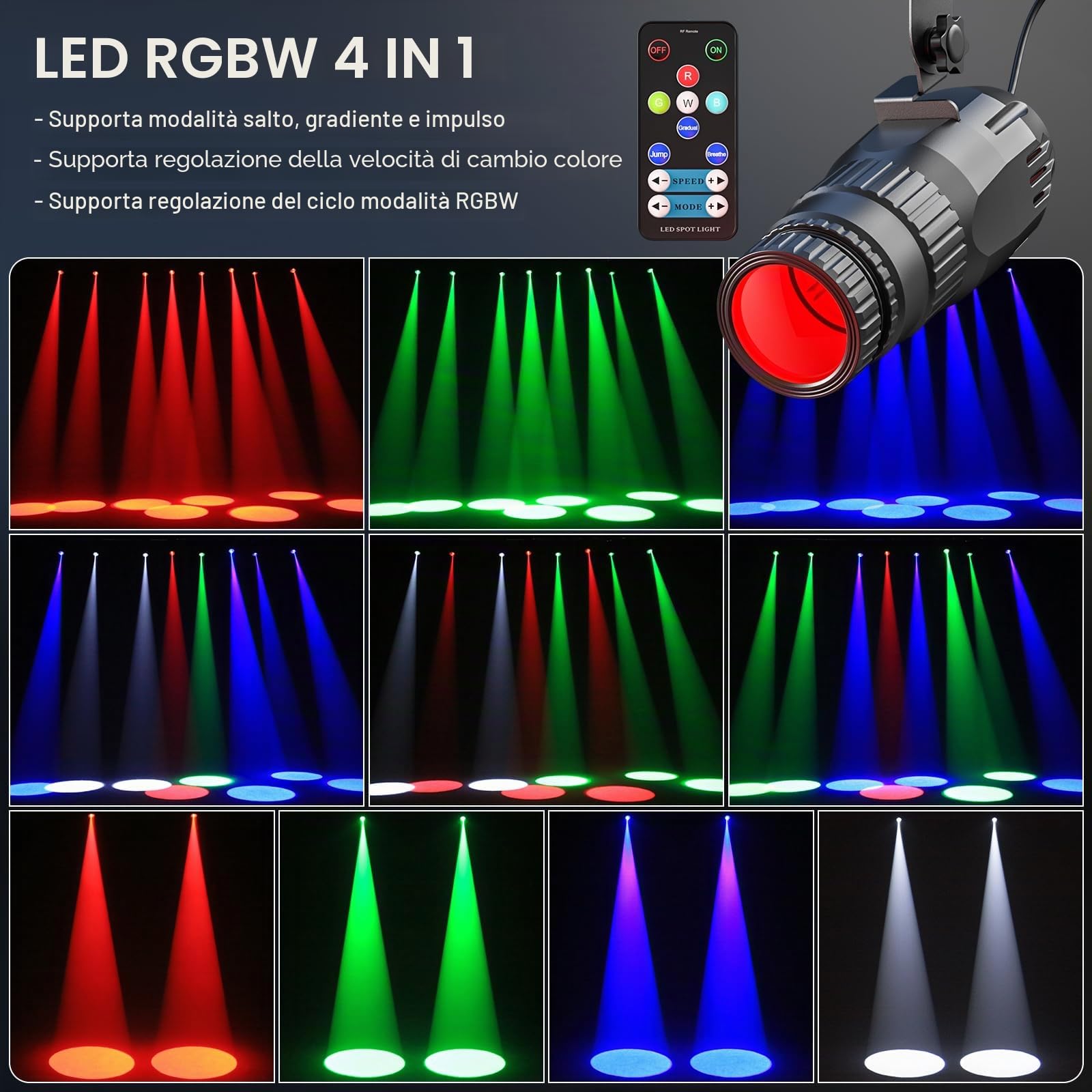 20W LED Pin Spot Luce RGBW 4 in 1 Proiettore a Sfera da Discoteca 4 modalità Beam Spot Lights con Telecomando per Feste Matrimoni Spettacoli Bars Discoteca
