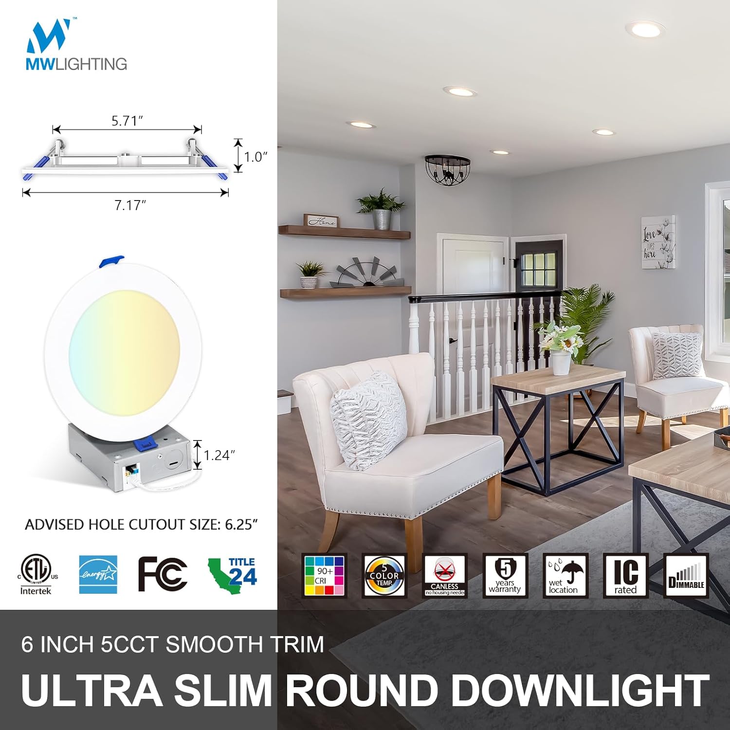 mw 6 Inch Canless 5 Selectable Color Temperature Ultra-Slim Round LED Downlight with Smooth Flat Trim 1pk, Junction Box Included, 2700/3000/3500/4000/5000K, Dimmable, 900LM, Energy Star (1 Pack)