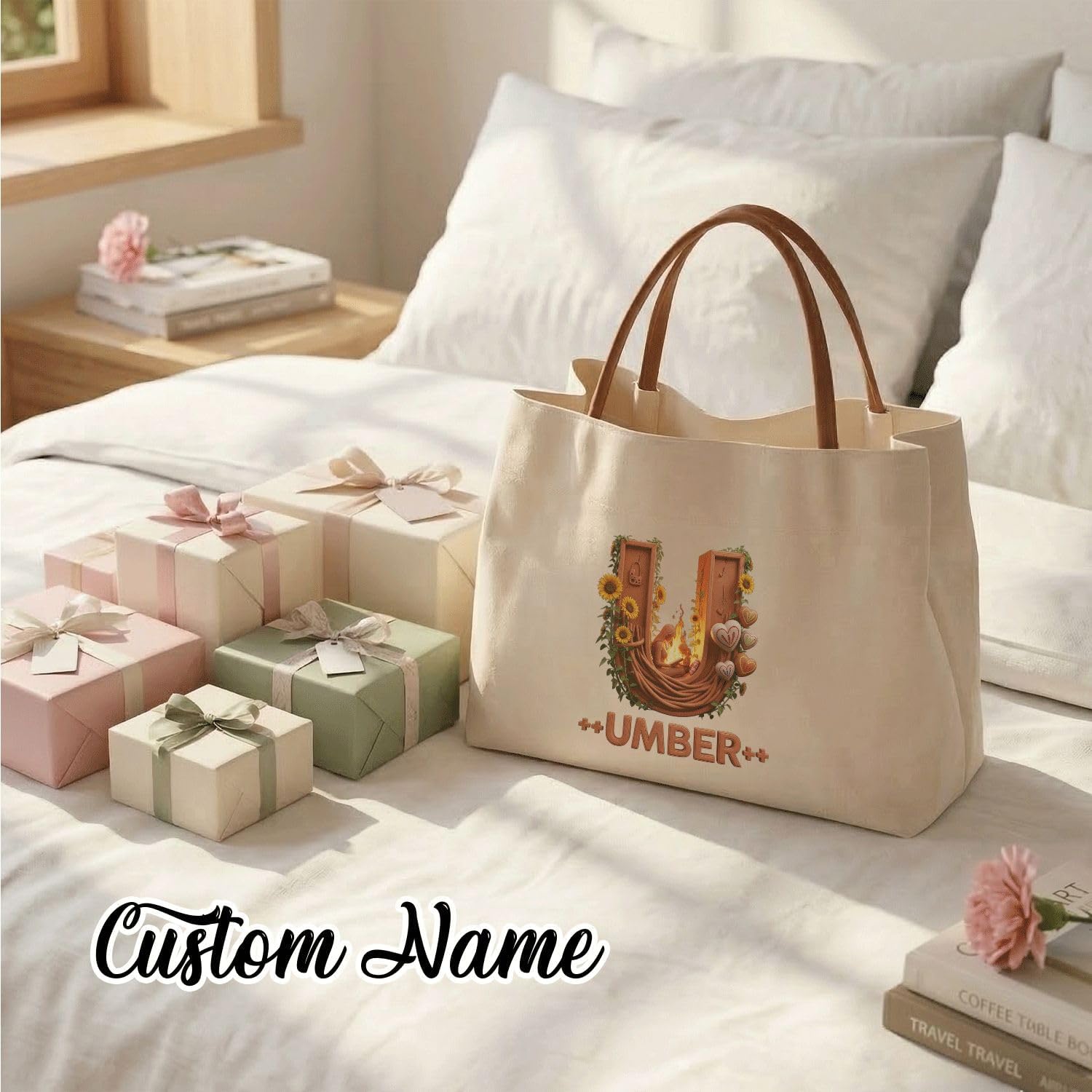 Personalized Canvas Tote Bag with Custom Name Candy Love Graphic Faux Leather Handles for Women Mothers Day