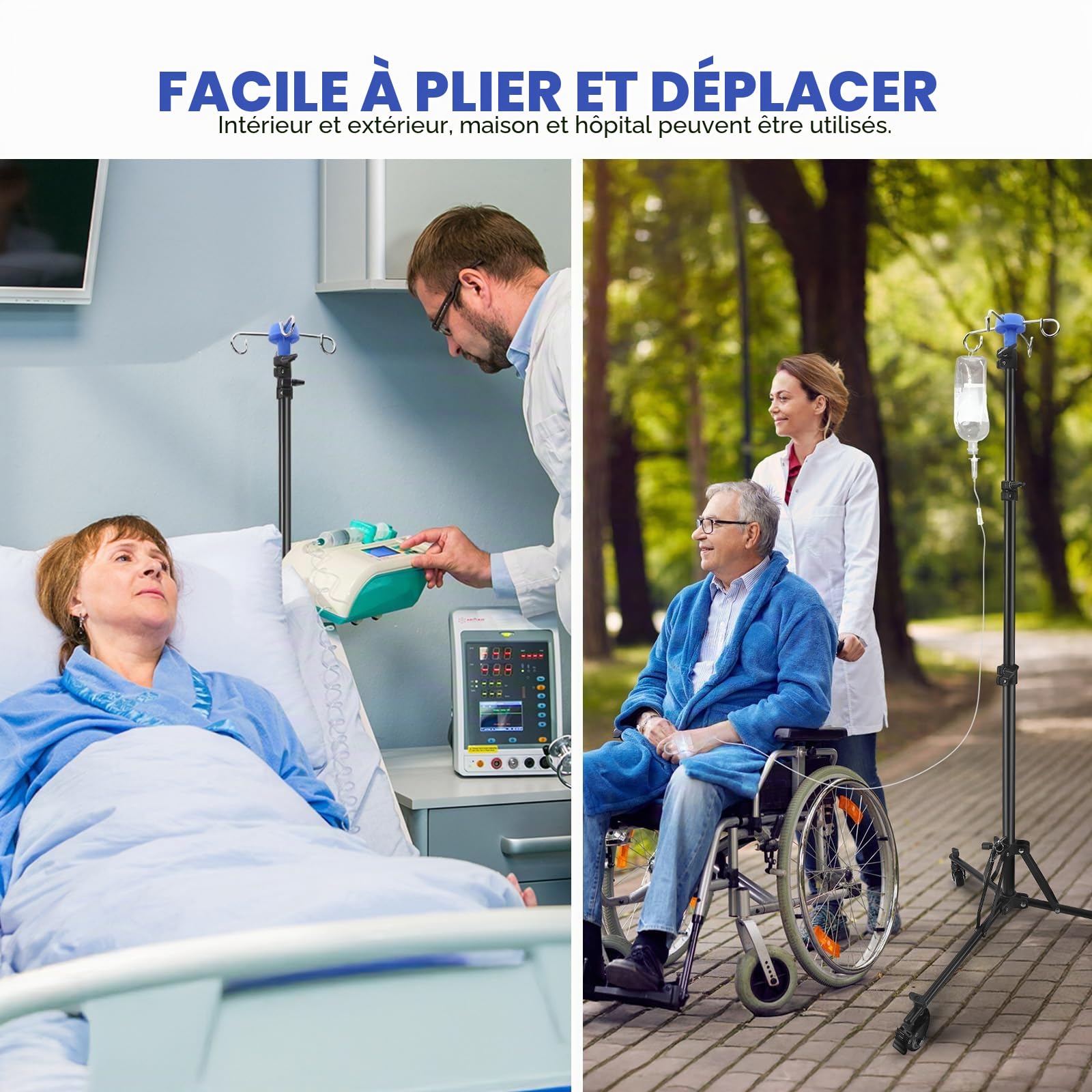 Support Perfusion Mobile Pliable, Potence Perfusion Réglable 85-190 cm avec roulettes à 360° et Freins, Pied à Perfusion 4 Crochets en Alliage d'Aluminium pour Hôpital et Soins à Domicile