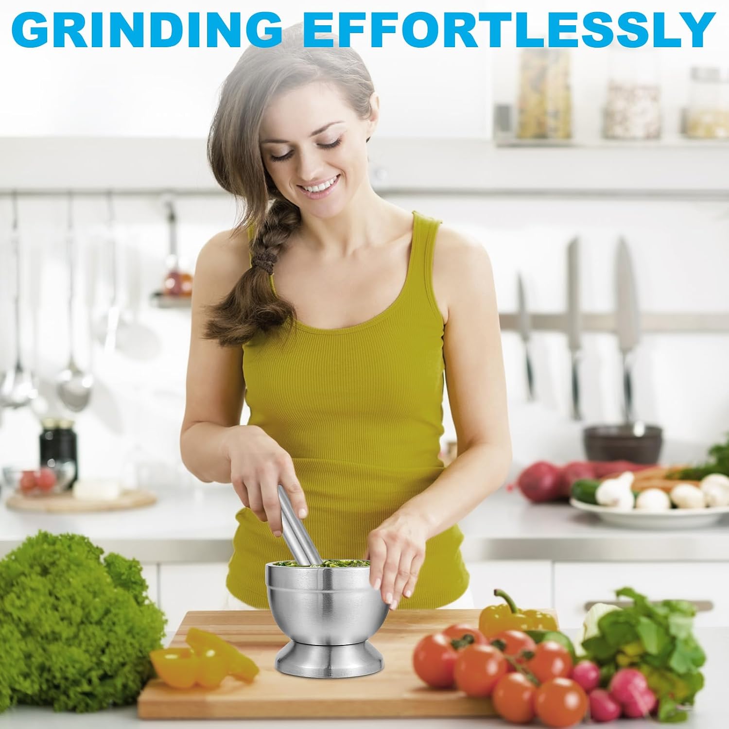 18/8 (304) Stainless Steel Mortar and Pestle Set,Mortar and Pestle with Non-Slip Base for Spice Grinder, Herb Crusher, Pill Crusher, Pesto Maker for Kitchen, Easy to Clean