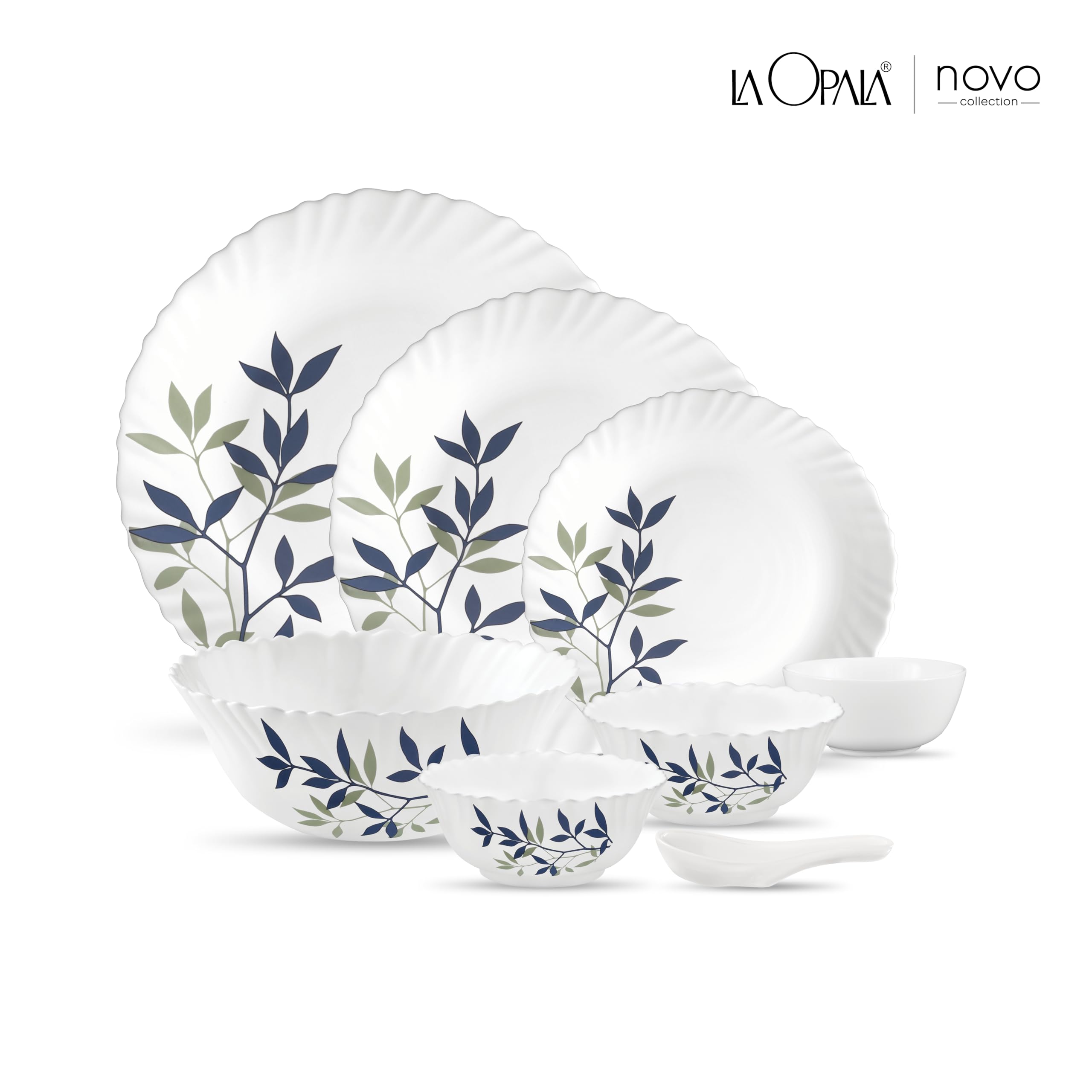 La Opala Novo Collection Opal Glass Crockery | for Family of 6 | Dinner Set 35 pcs Silken Charm | Plates & Bowls for Dining | Microwave Safe | 100% Vegetarian | Extra Strong | Light & White - Image 2 thumbnail