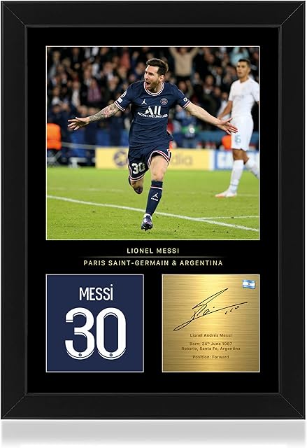 Win FC Messi Signed A4 Framed Photo Display - Reproduced Digital Signature - Gift For PSG Fans, Black