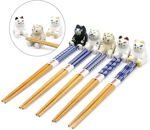 Miniatura 3 de 5 pares de palillos de bambú de estilo japonés y reposo, juego de palillos de gato gordo de dibujos animados, juego de regalo clásico de simplicidad