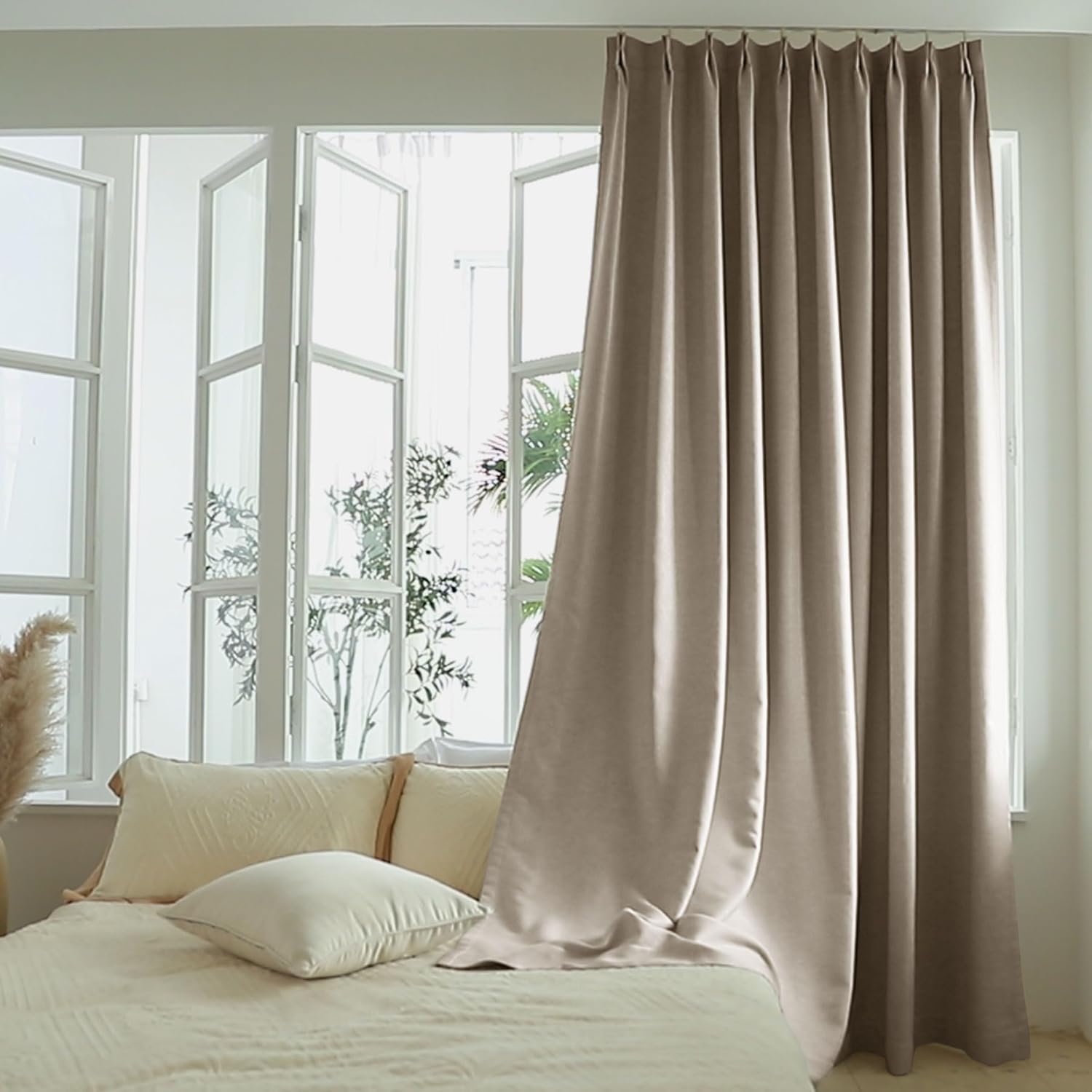 Macochico Extra Long Linen Pleated Curtains Blackout Linen Curtains Room Darkening Thermal Insulated Drapes for Traverse Rod and Track, Smoky Grey(#2), 84W x 102L, 1 Panel