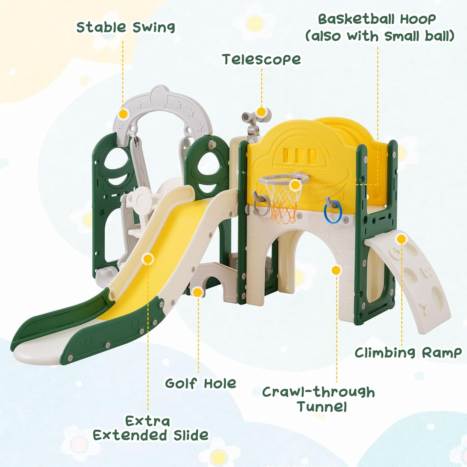 Toddler Slide and Swing Set 8 in 1, Kids Playground Climber Slide Playset with Basketball Hoop Freestanding Combination for Babies Indoor & Outdoor (Yellow)