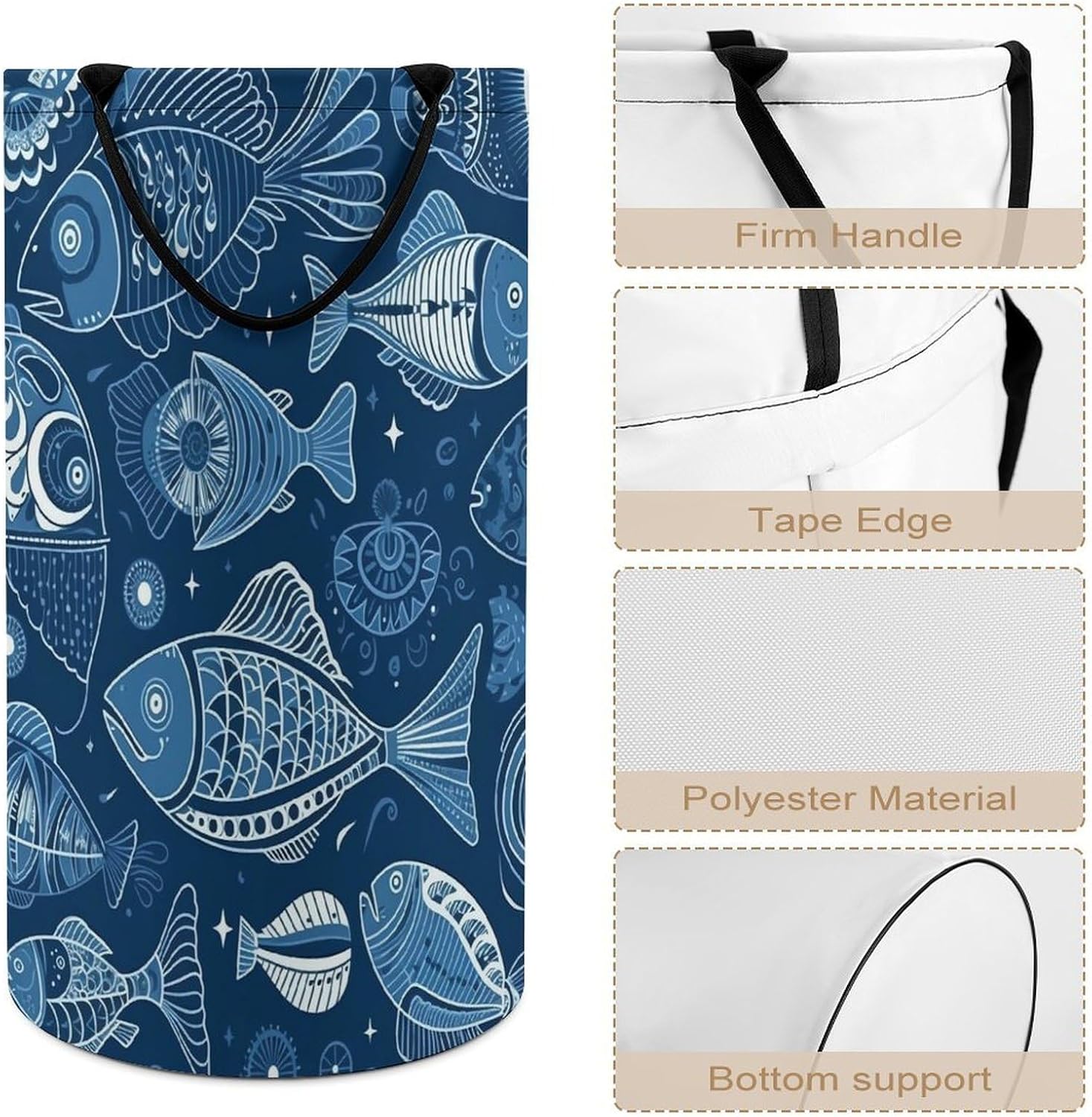 Fish And Shells Laundry Basket Freestanding Laundry Hamper with Handles Waterproof Dirty Clothes Hamper Collapsible Washing Bin Aesthetic Clothes Basket for Bathroom Bedroom Dorm