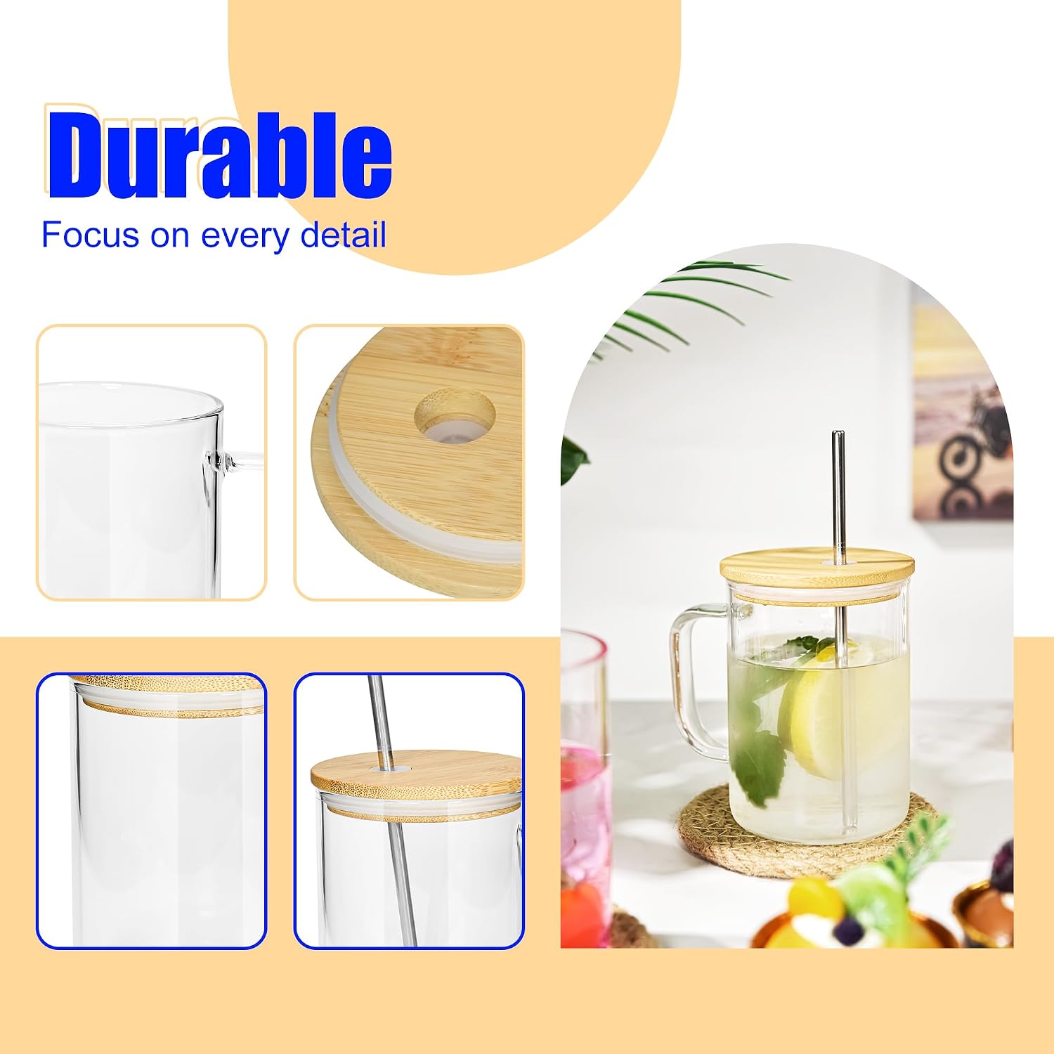 AGH 6 Pack Glass Sublimation Cups With Handle, 16oz Transparent Blanks With Bamboo Lid and Stainless Steel Straw, Mugs Tumblers