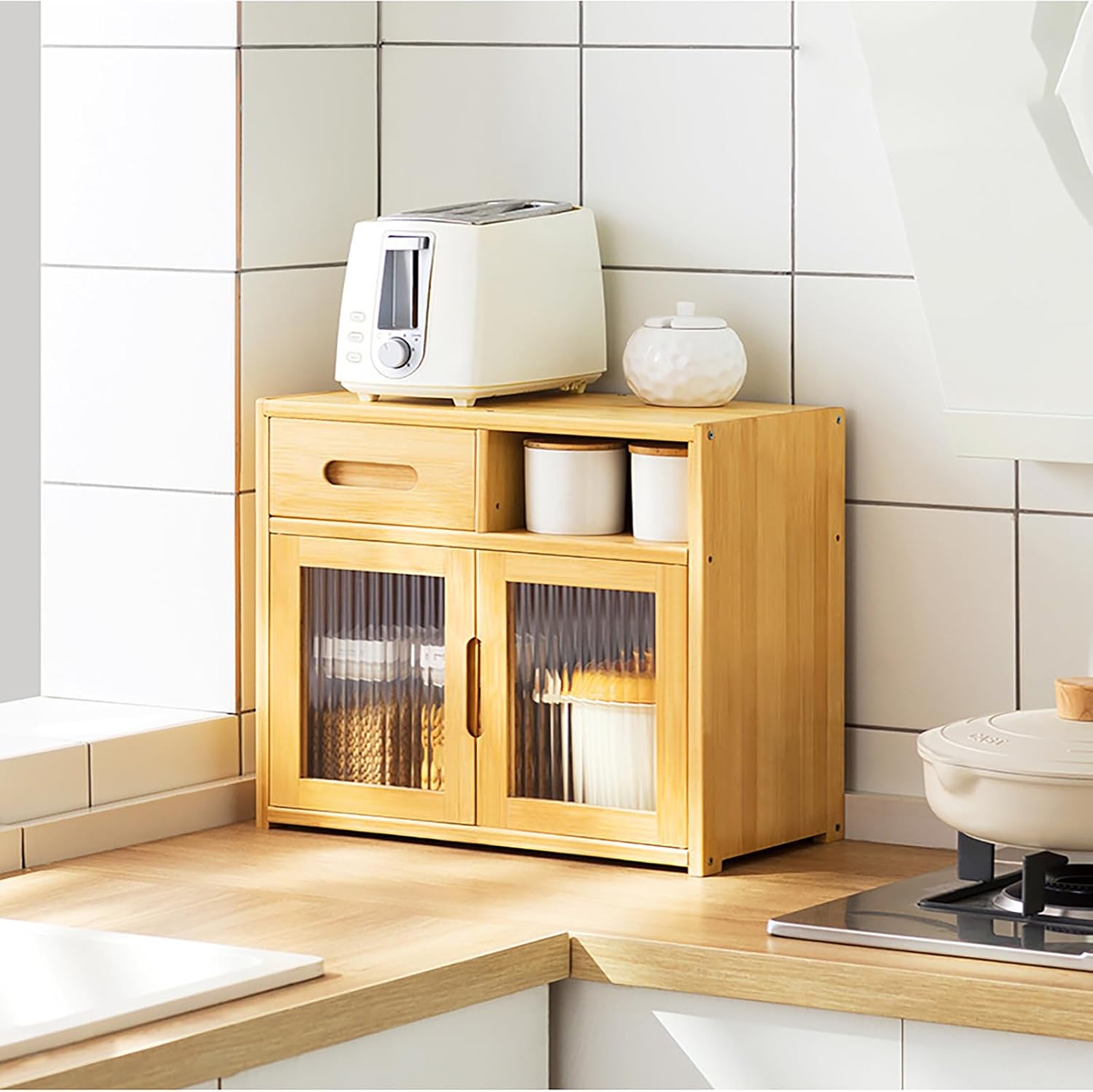 Freestanding Multi-Layer Kitchen Floor Cupboard，Multi Layer Kitchen Storage Cabinet with Sideboard Countertop Dish and Spice Nizer for Cupboard Rack