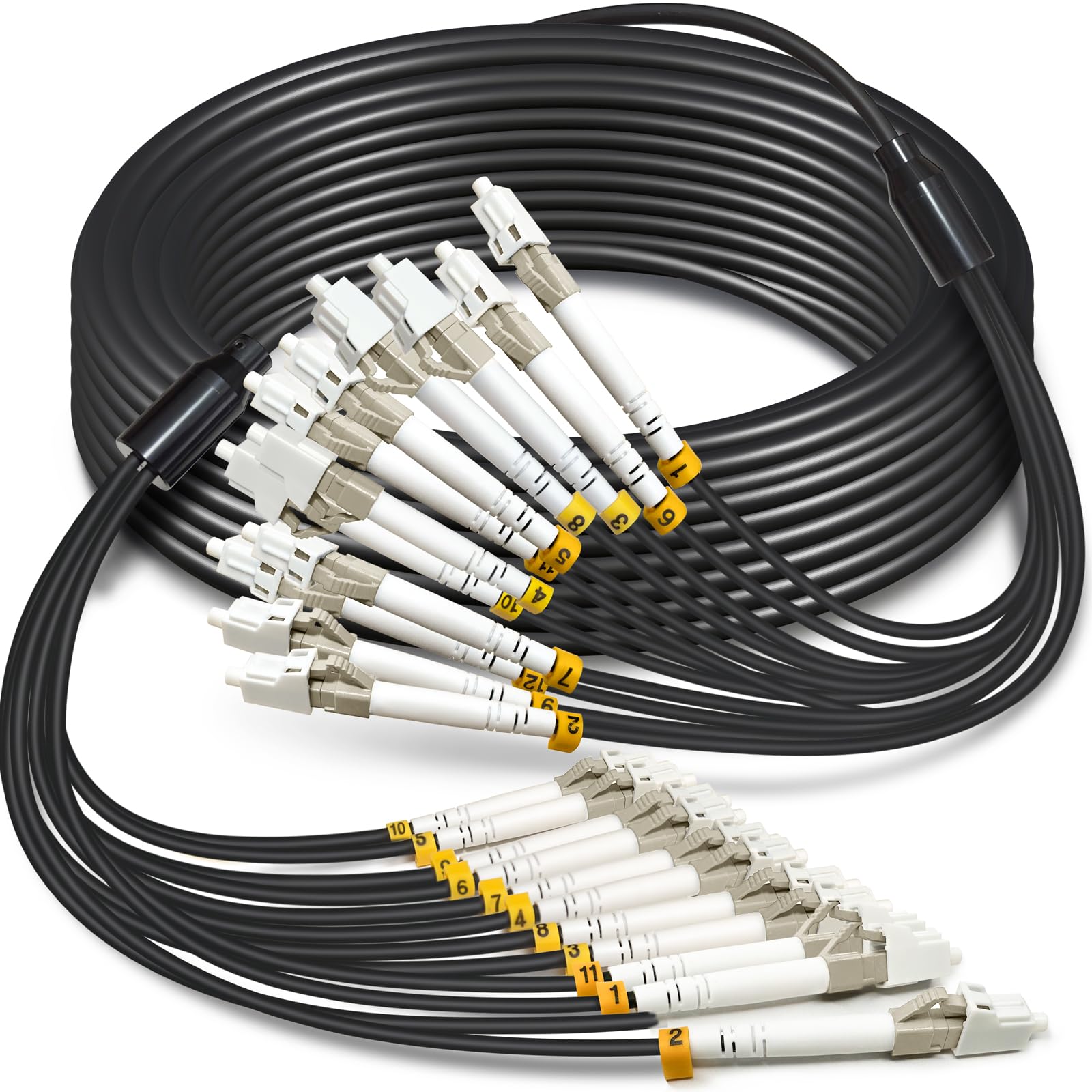 Câble de raccordement en fibre optique 12 brins OM3 multimode industriel TPU LC vers LC extérieur blindé à enfouissement direct 12 brins 10 Go Duplex 50/125um MMF LC-LC 12 fibres 30 m