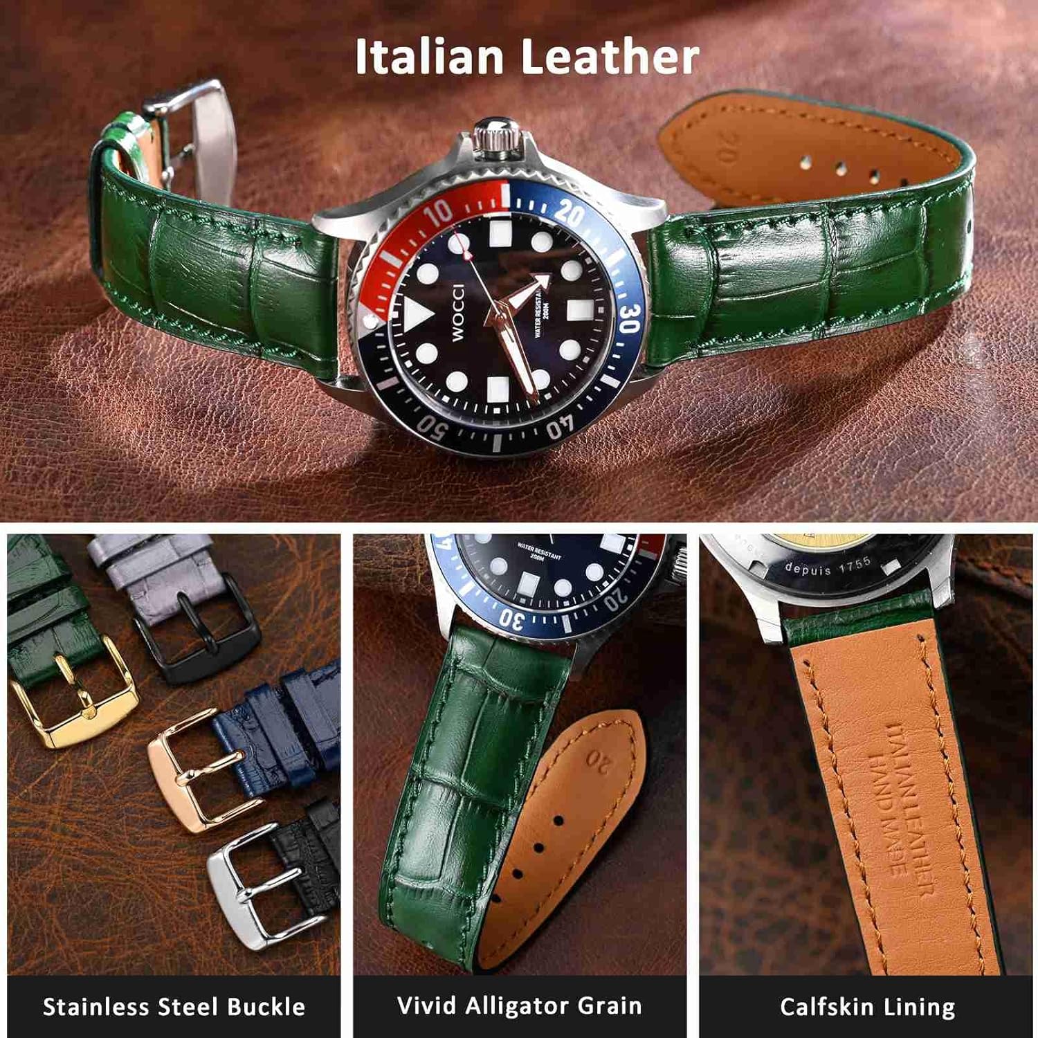 WOCCI 22mm Watch Band, Italian Leather, Embossed Alligator Grain, Gold Buckle (Dark Green)