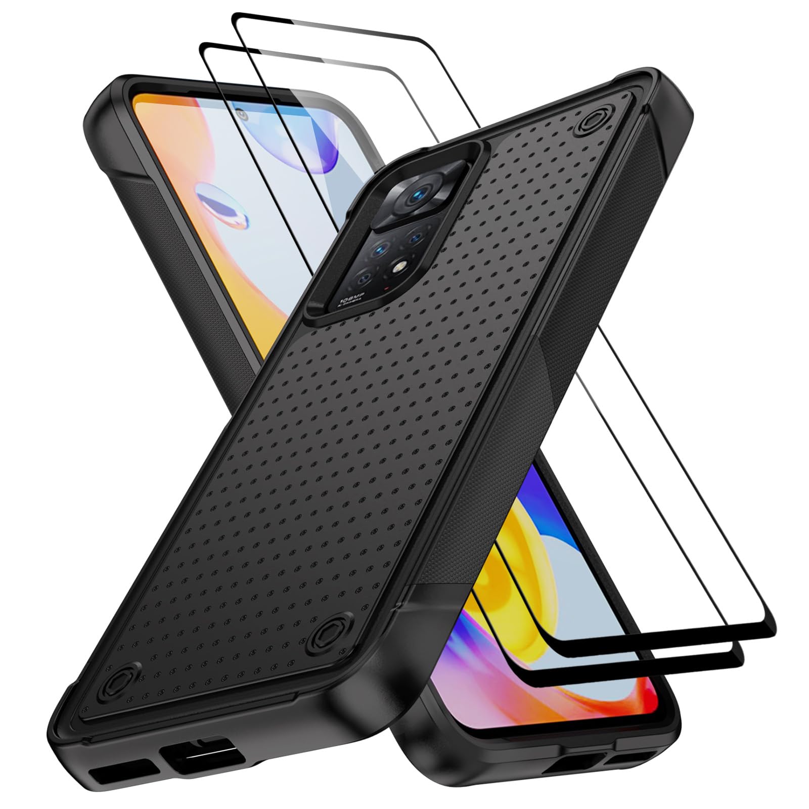 Jeylly for Xiaomi Redmi Note 11 Pro 5G Case with [2 Pack] Tempered Glass Screen Protector, Military-Grade Drop Protection Shockproof Protective Cover Phone Case for Redmi Note 11 Pro 5G/4G, Black
