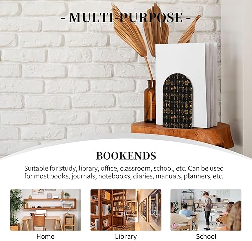Miniatura 7 de Book Ends for Shelves 1 Pair - Retro Gold Key Print Wood with Metal Base Bookends for Heavy Books, Book Stand Organizer Holder for Books Movies Cds