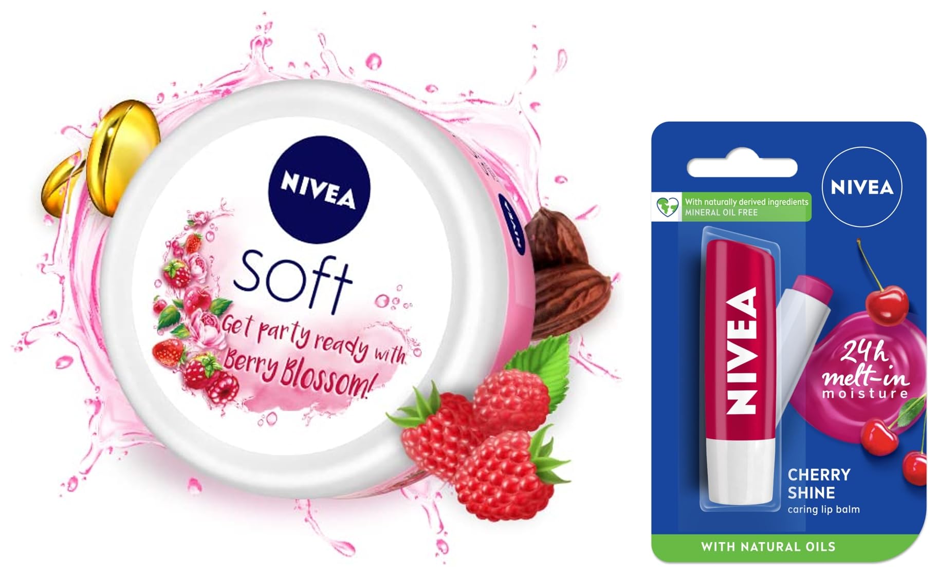 NIVEA Lip Balm, Fruity Cherry Shine, 4.8g & NIVEA Soft, Light Moisturising Cream, Berry Blossom, 100ml-image-31