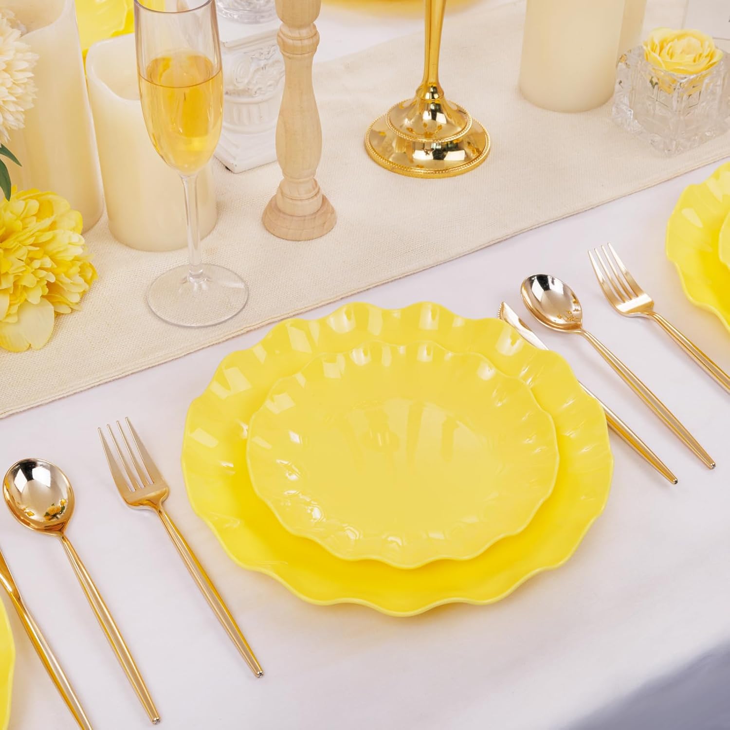 LIYH 24 Pcs Yellow Plastic Plates Reusable, Unbreakable Dinner & Salad Plate, Microwave & Dishwasher Safe, Scalloped Reusable Plastic Plates for Party, Birthday, Picnics (12Guests) - Image 5